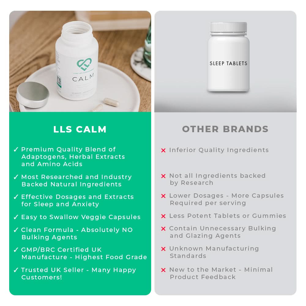 Comparison chart between LLS Calm and other brands on a white background