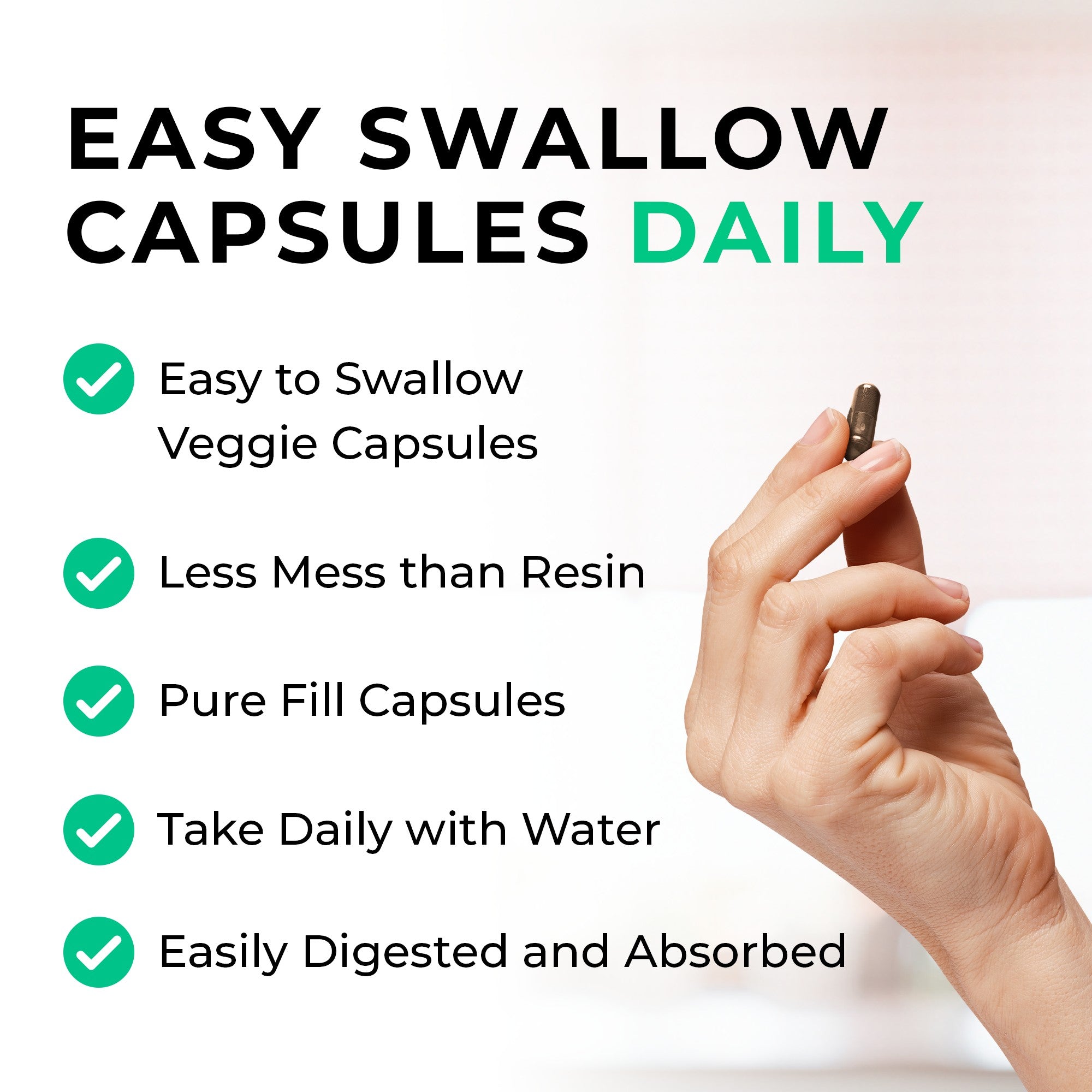 shilajit Hand holding a capsule with text about easy swallow capsules daily on a white background