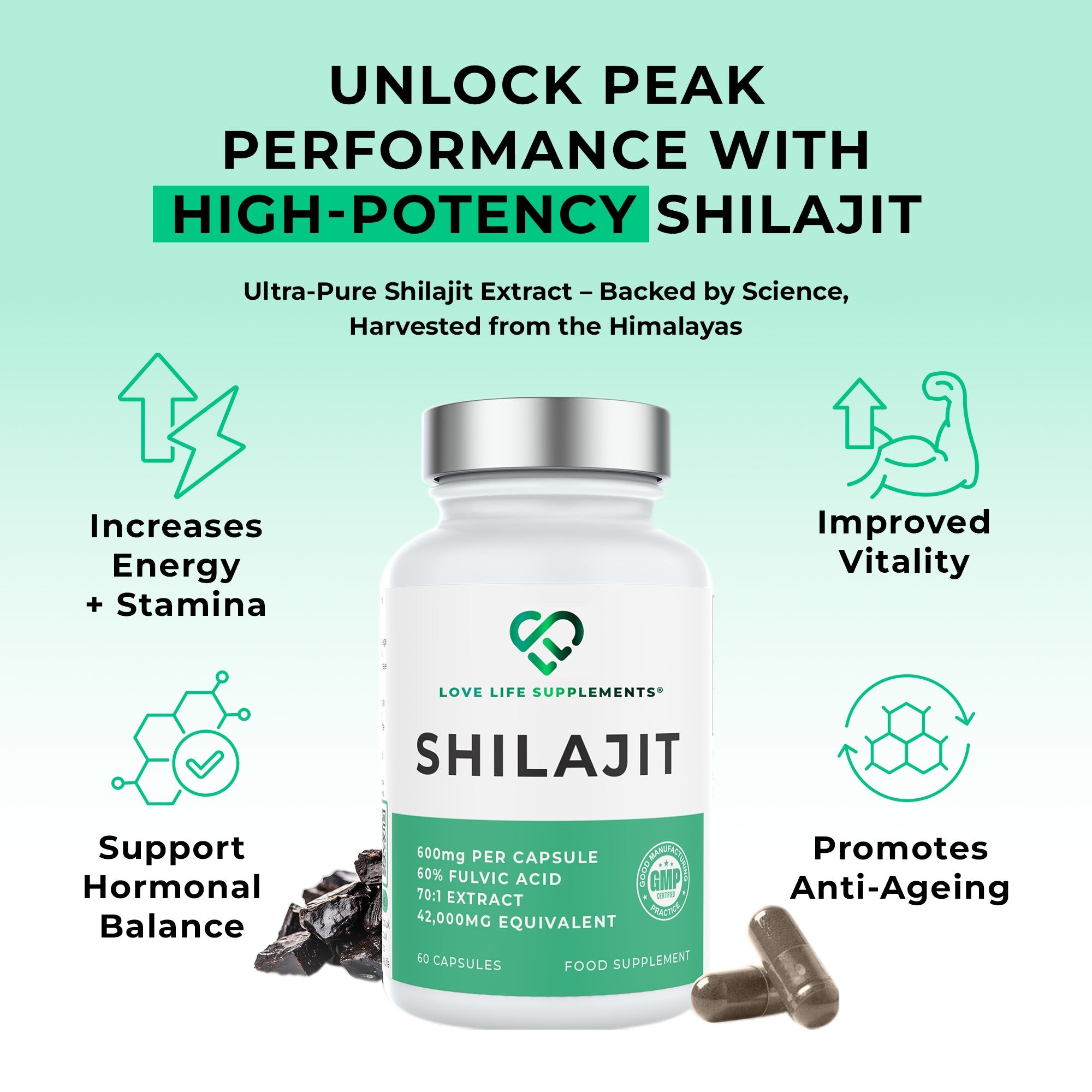 Shilajit supplement bottle with promotional text on a light green background