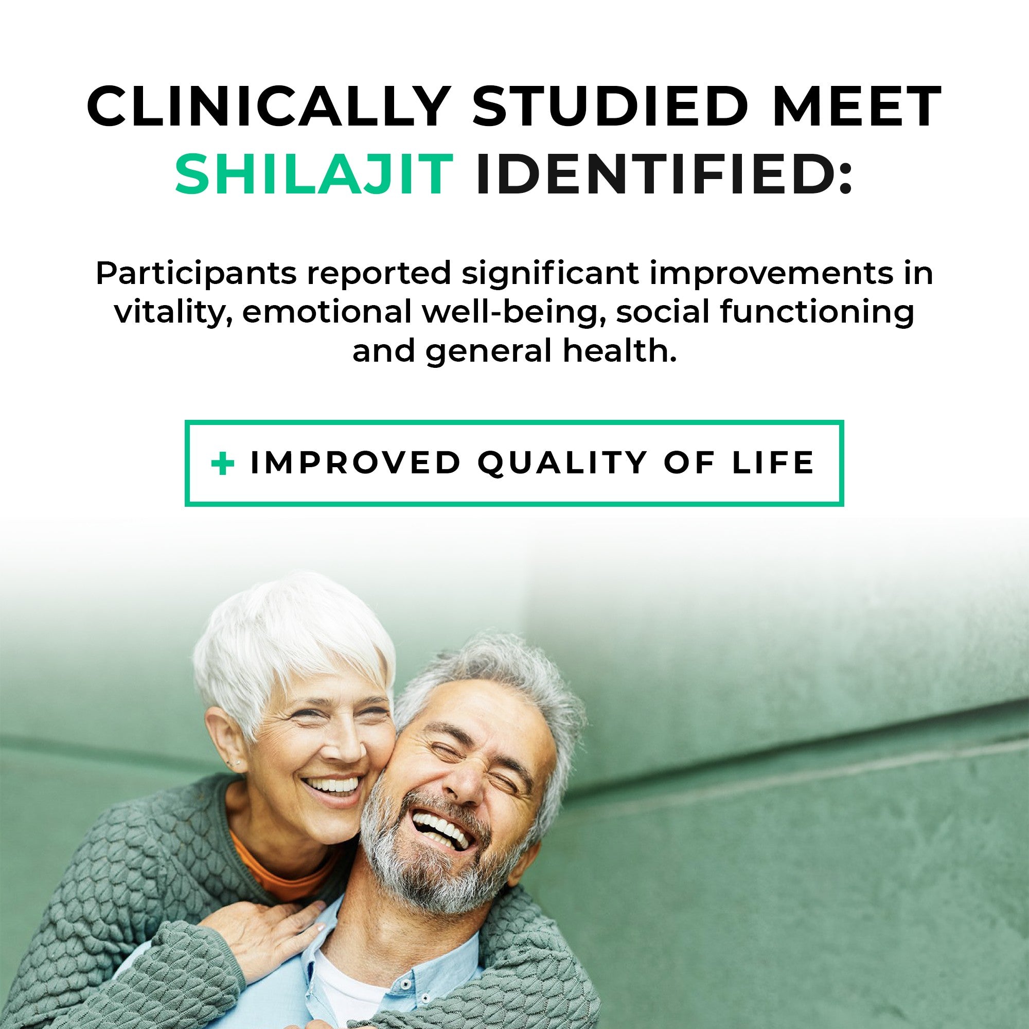 Advertisement for Shilajit with text about clinical studies and improved quality of life, featuring an elderly couple embracing.