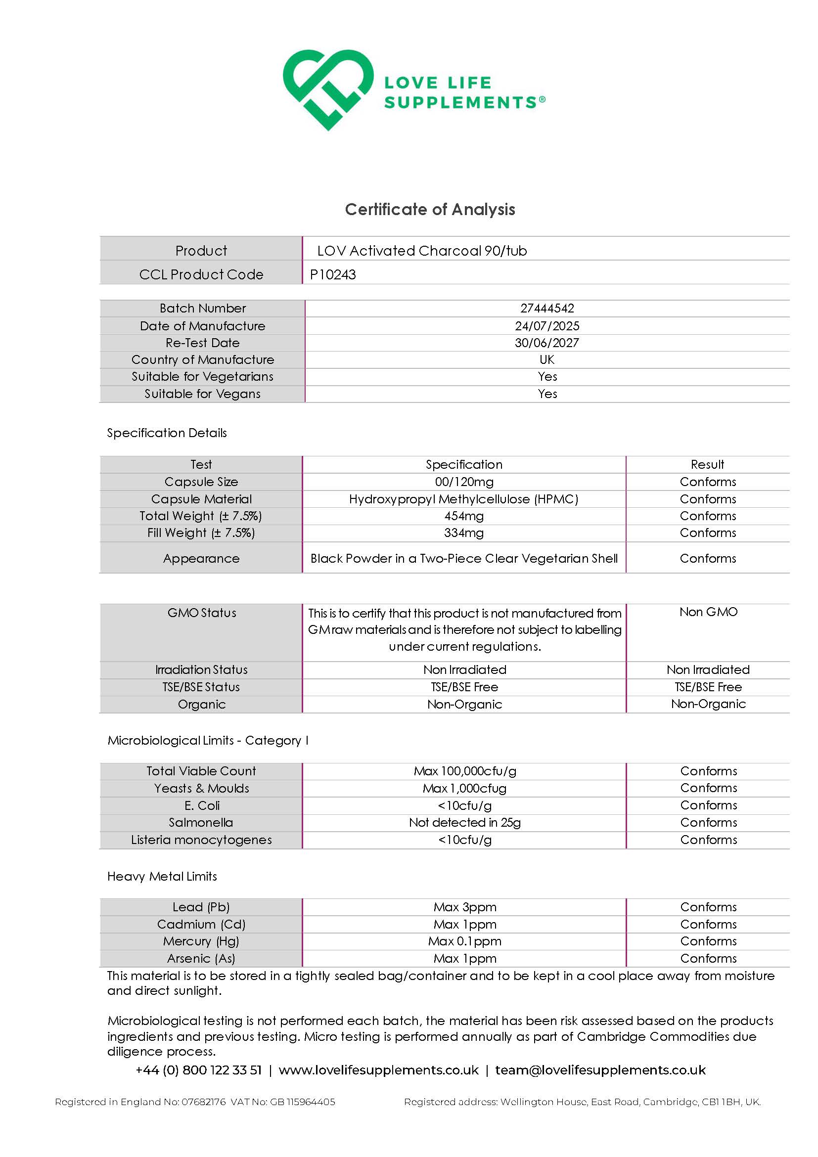 Certificate of Analysis for Love Life Supplements Activated Charcoal product, showing various specifications and certifications.