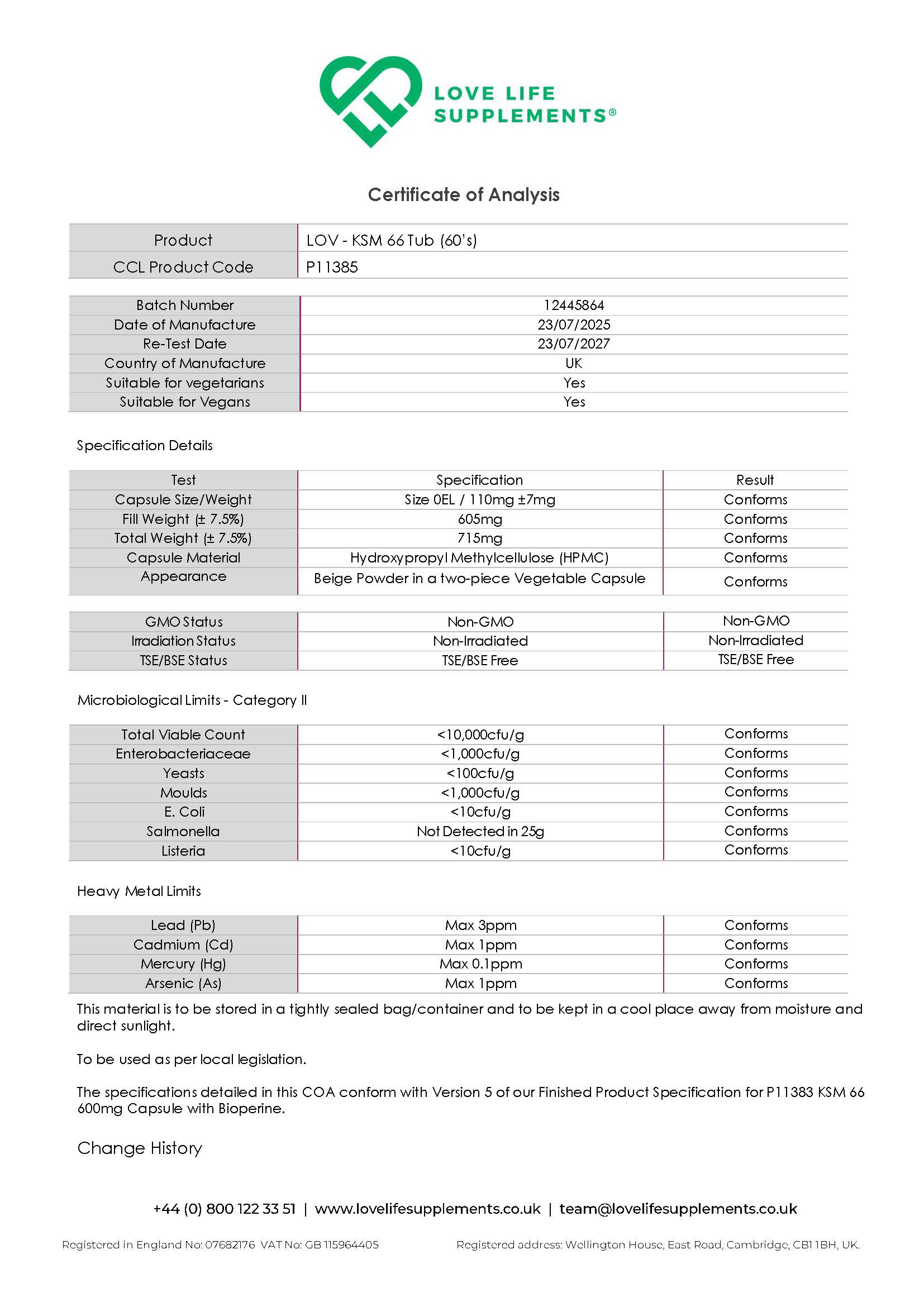 Certificate of Analysis for Love Life Supplements Ashwagandha product, showing specifications and results.