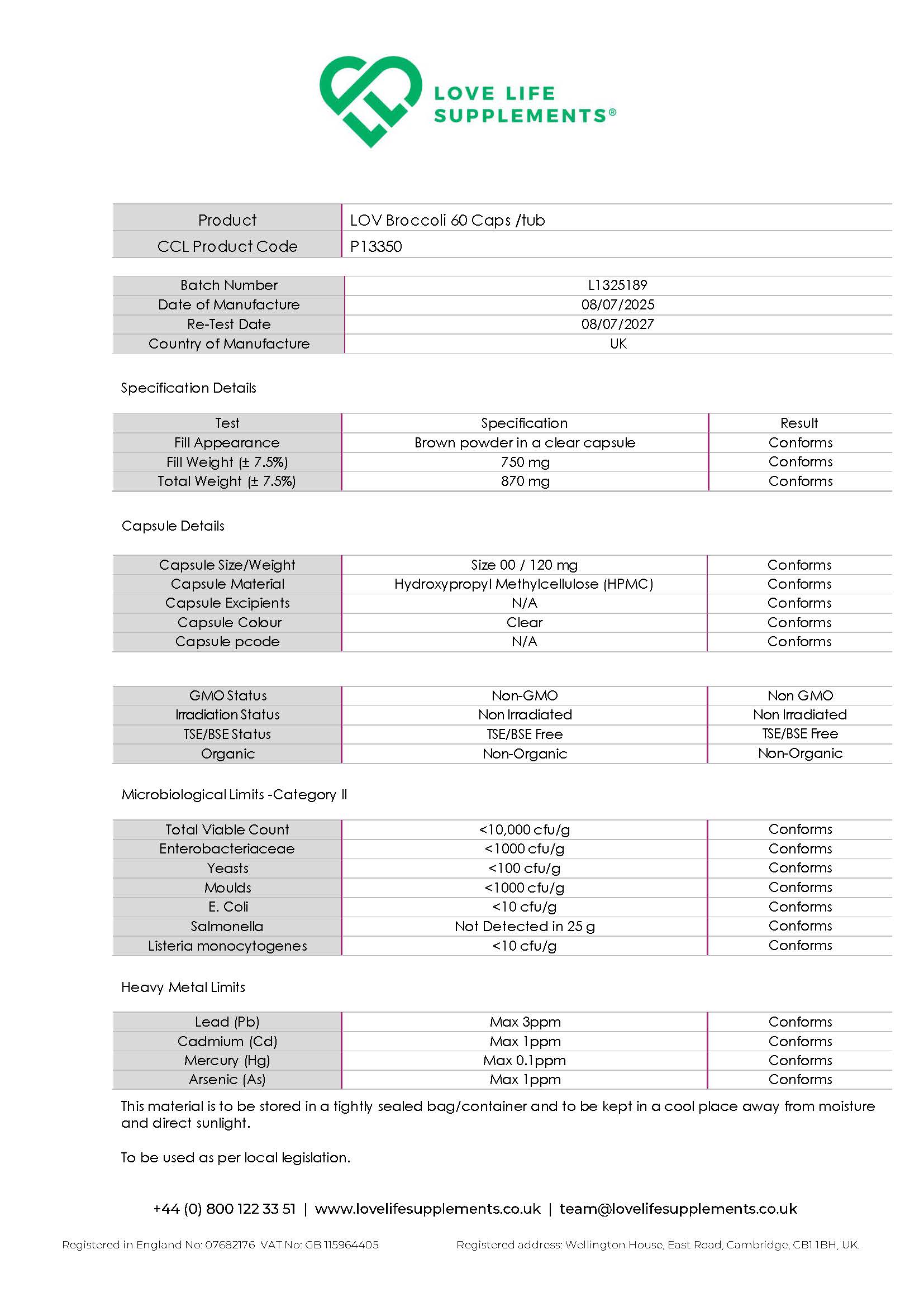 Certificate of Analysis for Love Life Supplements broccoli sprout extract product, showing various specifications and results.