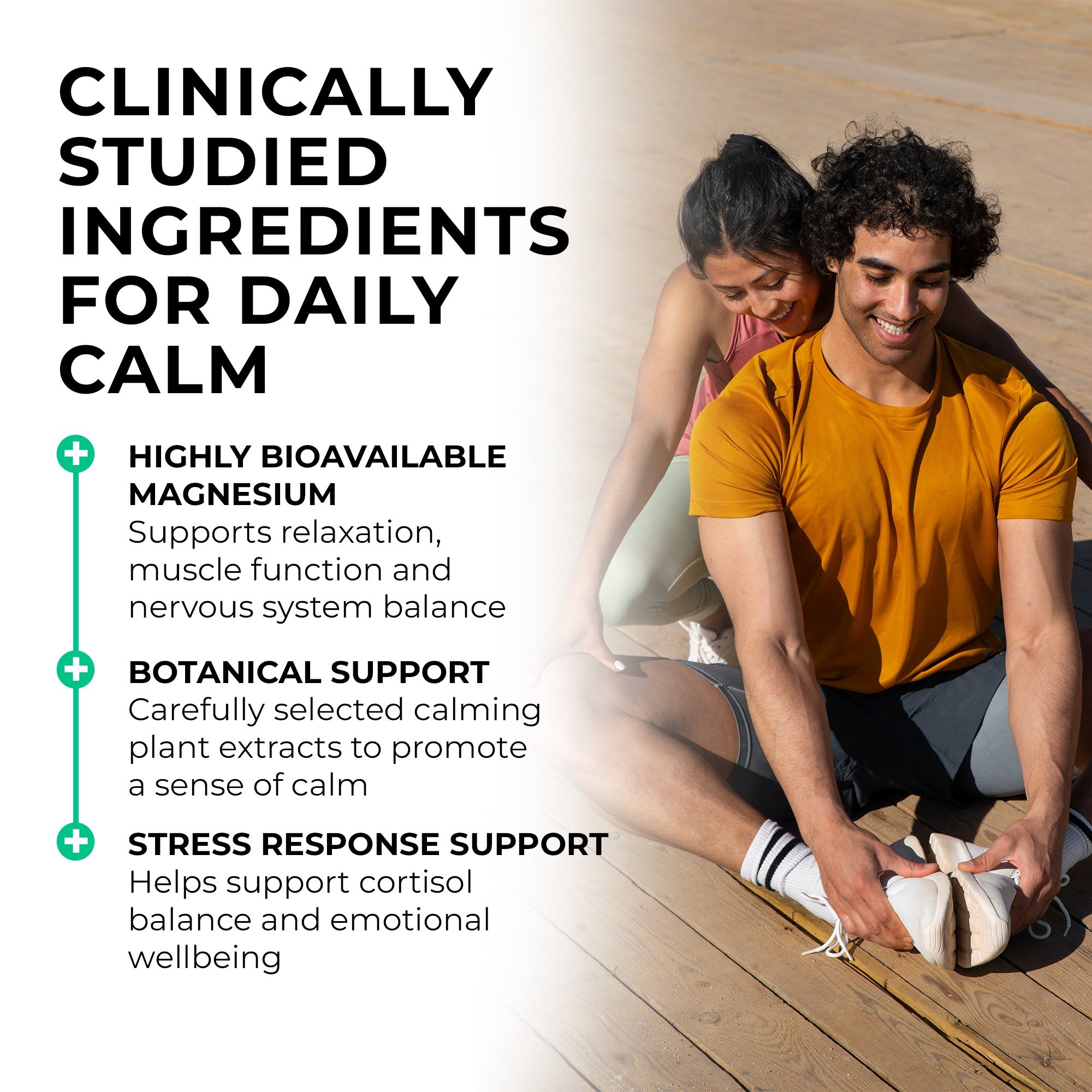 CALM Man and woman sitting on a wooden floor with text about clinically studied ingredients for daily calm.
