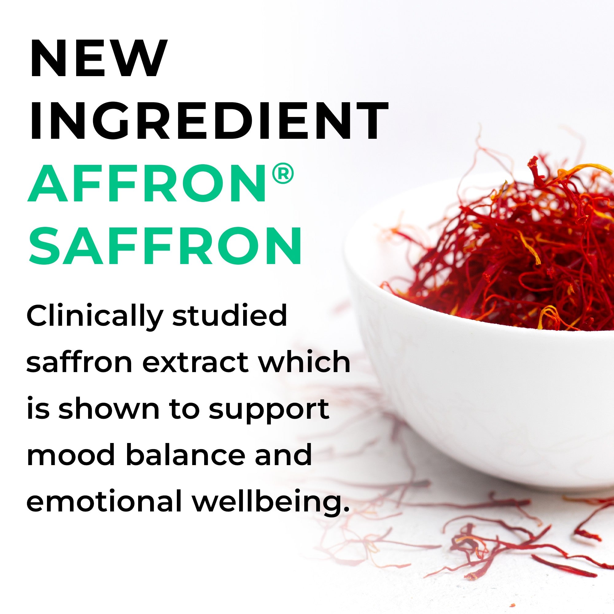 CALM Bowl of saffron with text about AFFRON saffron and its benefits