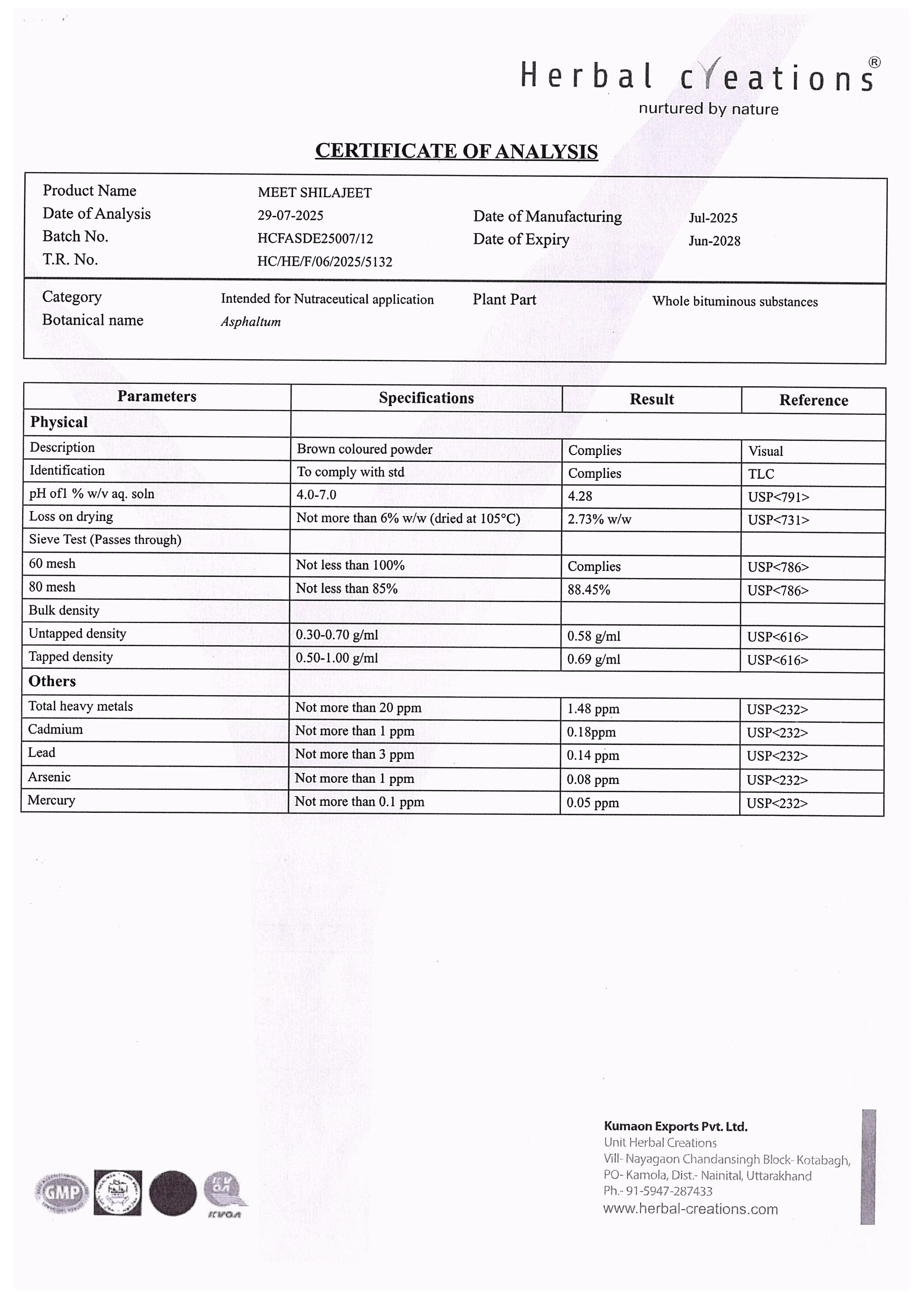 Certificate of Analysis for a product by Herbal Creations on a white background MEET shilajit
