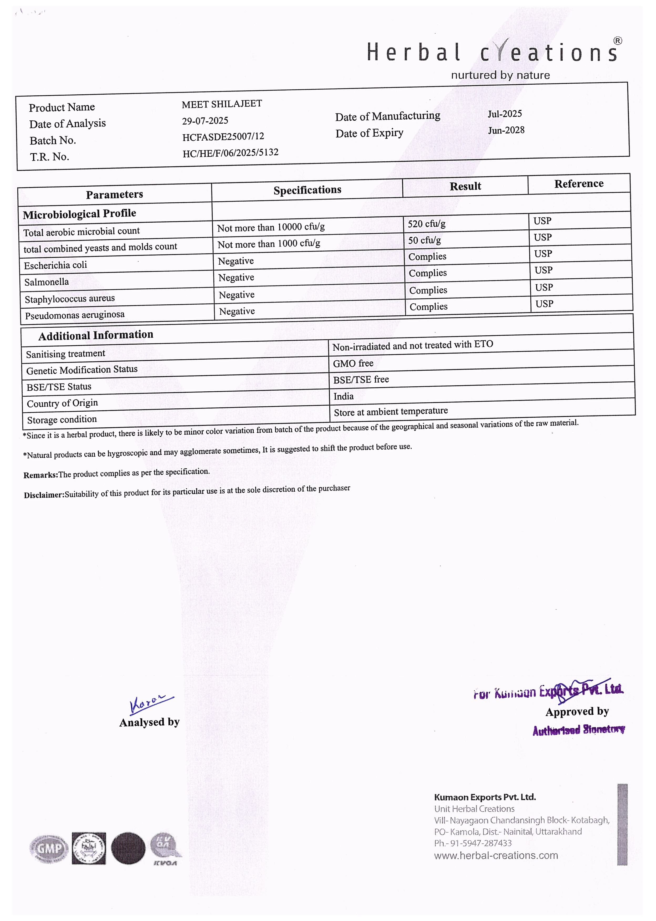 Herbal Creations product label with specifications and analysis details MEET shilajit