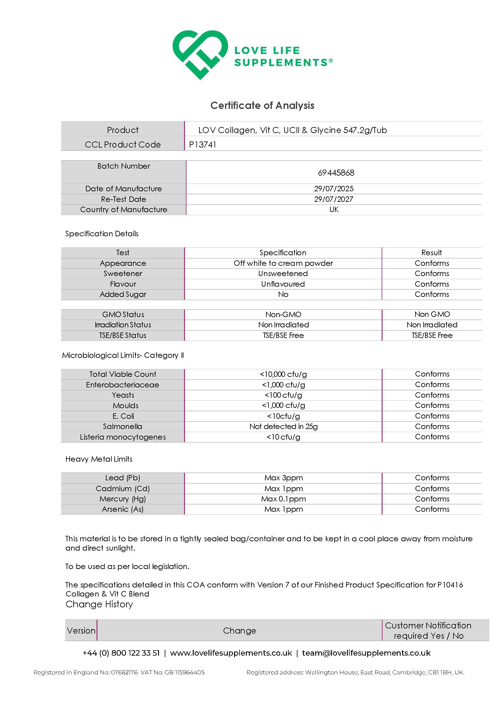 Certificate of Analysis for Love Life Supplements ultimate collagen product, showing various specifications and results.