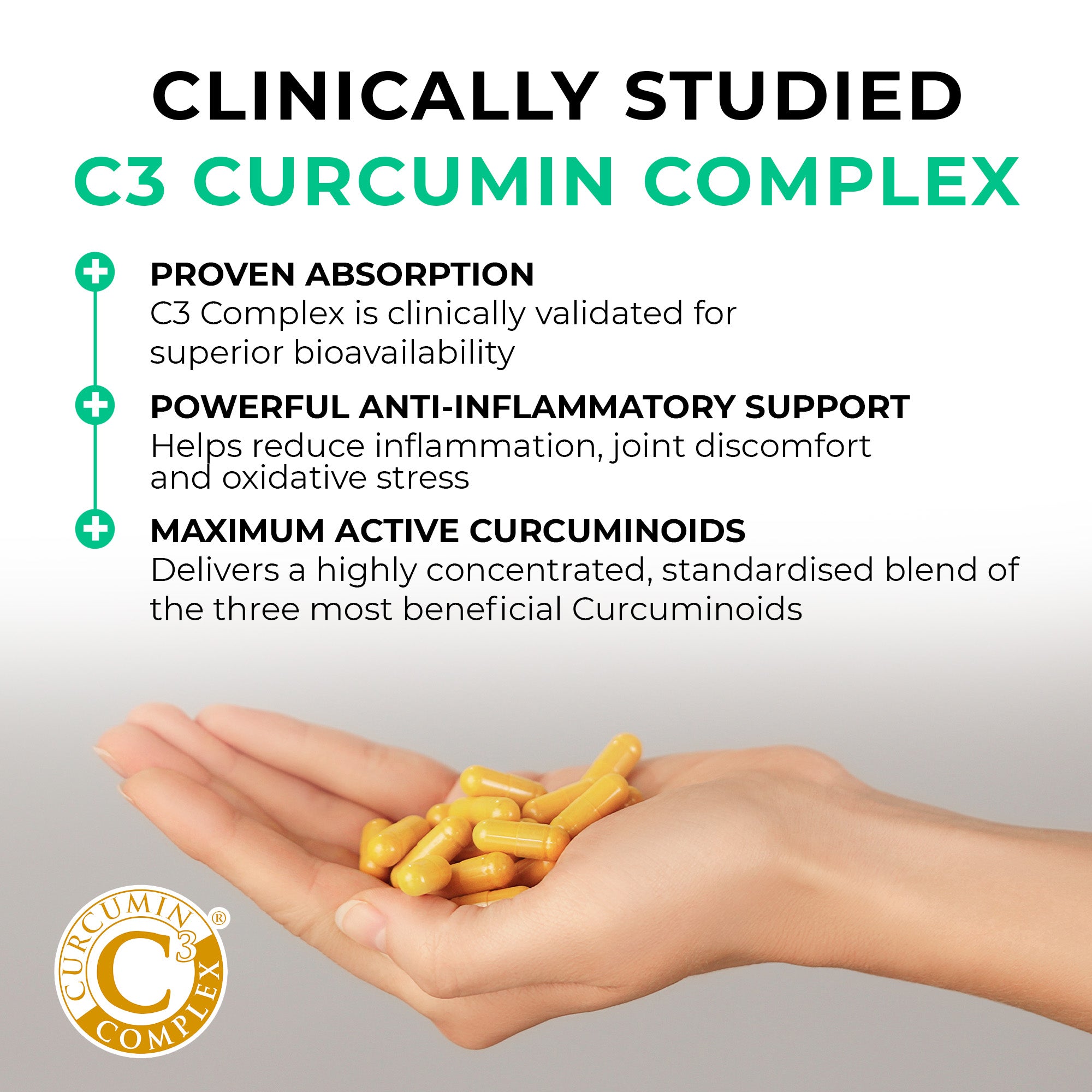 C3 Curcumin Complex capsules in a hand with product features listed on a gray background