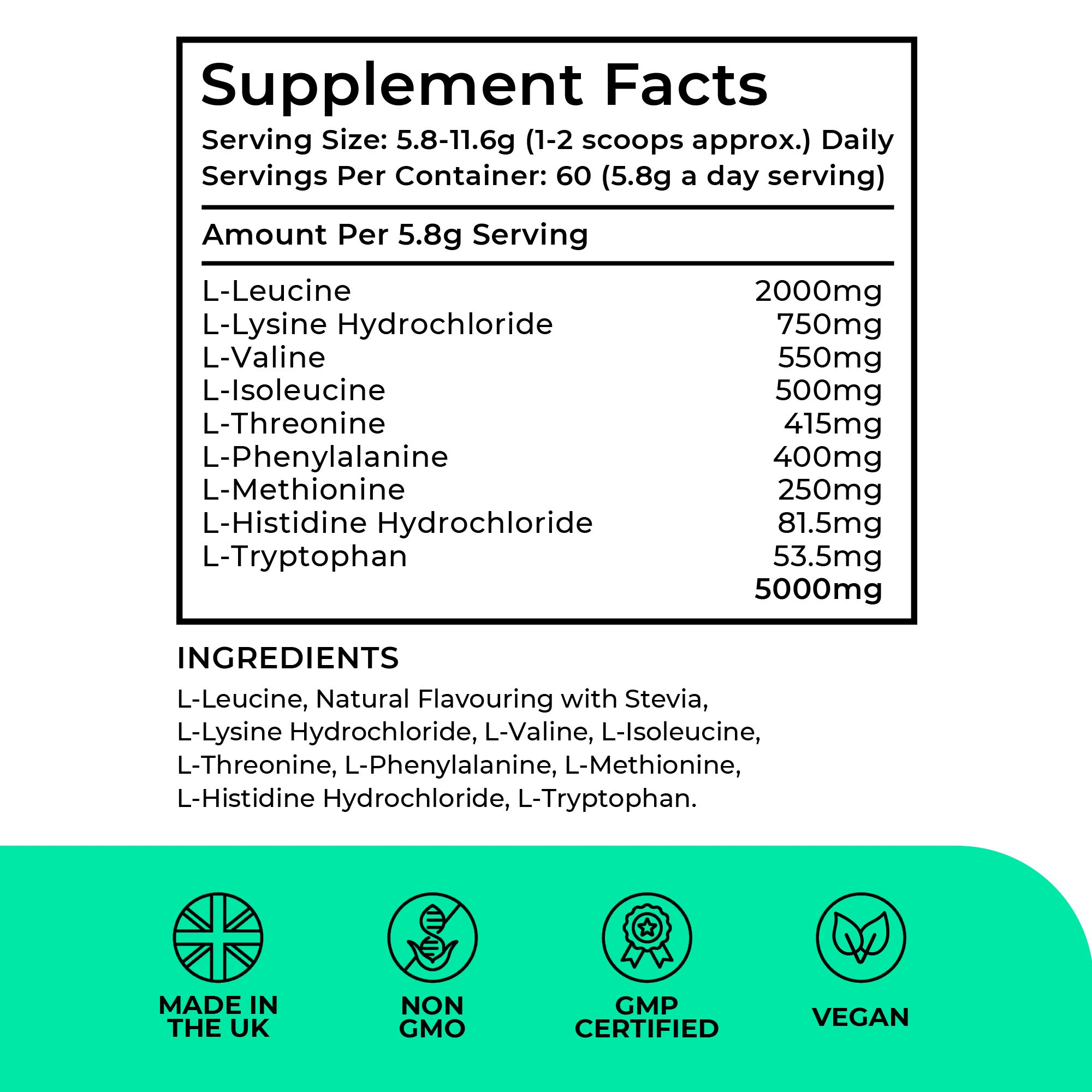 EAA_Apple_Kiwi Supplement facts label with detailed nutritional information and certification logos on a green background.