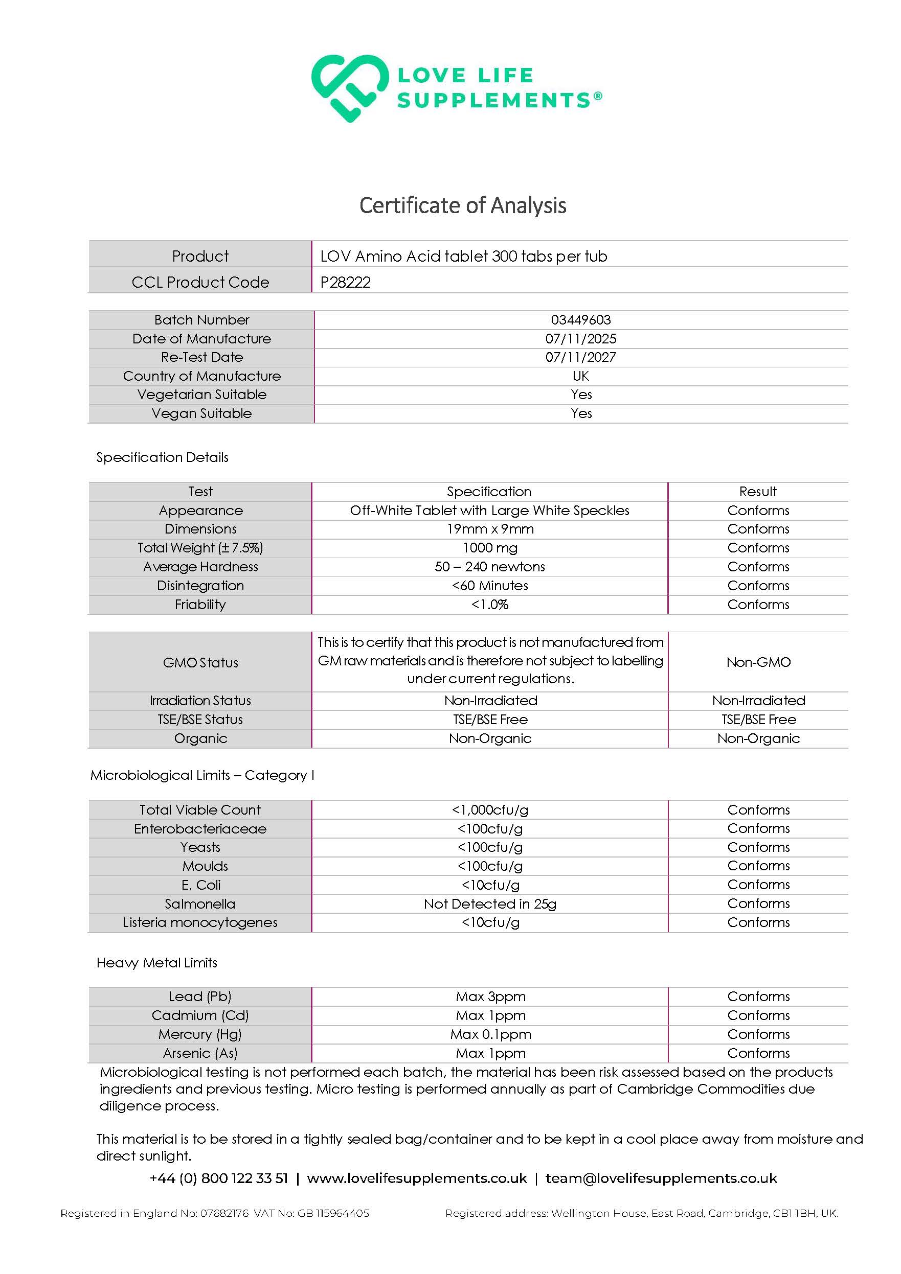 EAA Certificate of Analysis for Love Life Supplements product, showing detailed test results and specifications.