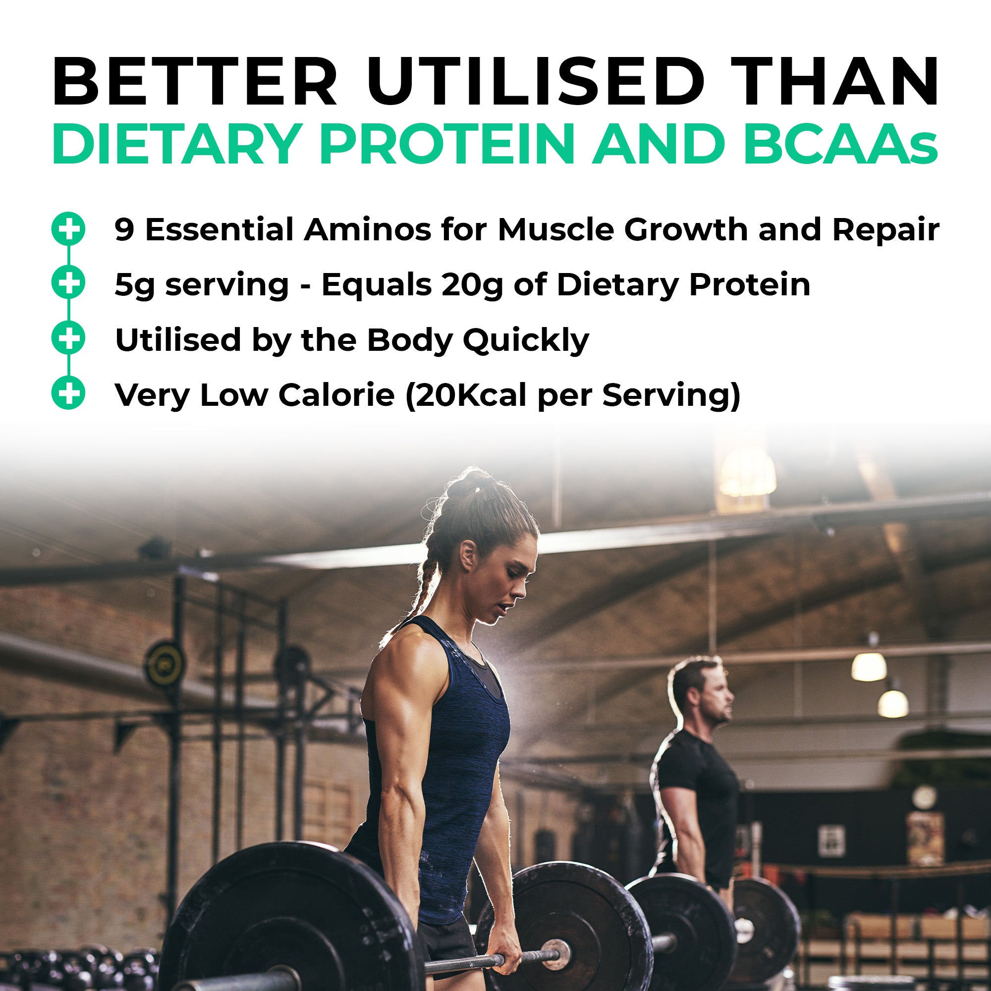 EAA_Mixed_Berry_Woman lifting weights with text about protein benefits in a gym setting