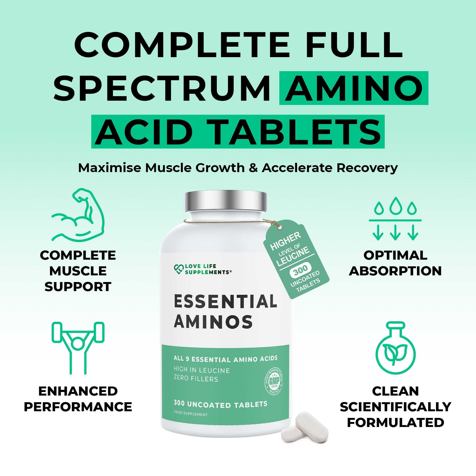 Bottle of Essential Aminos with promotional text on a light green background