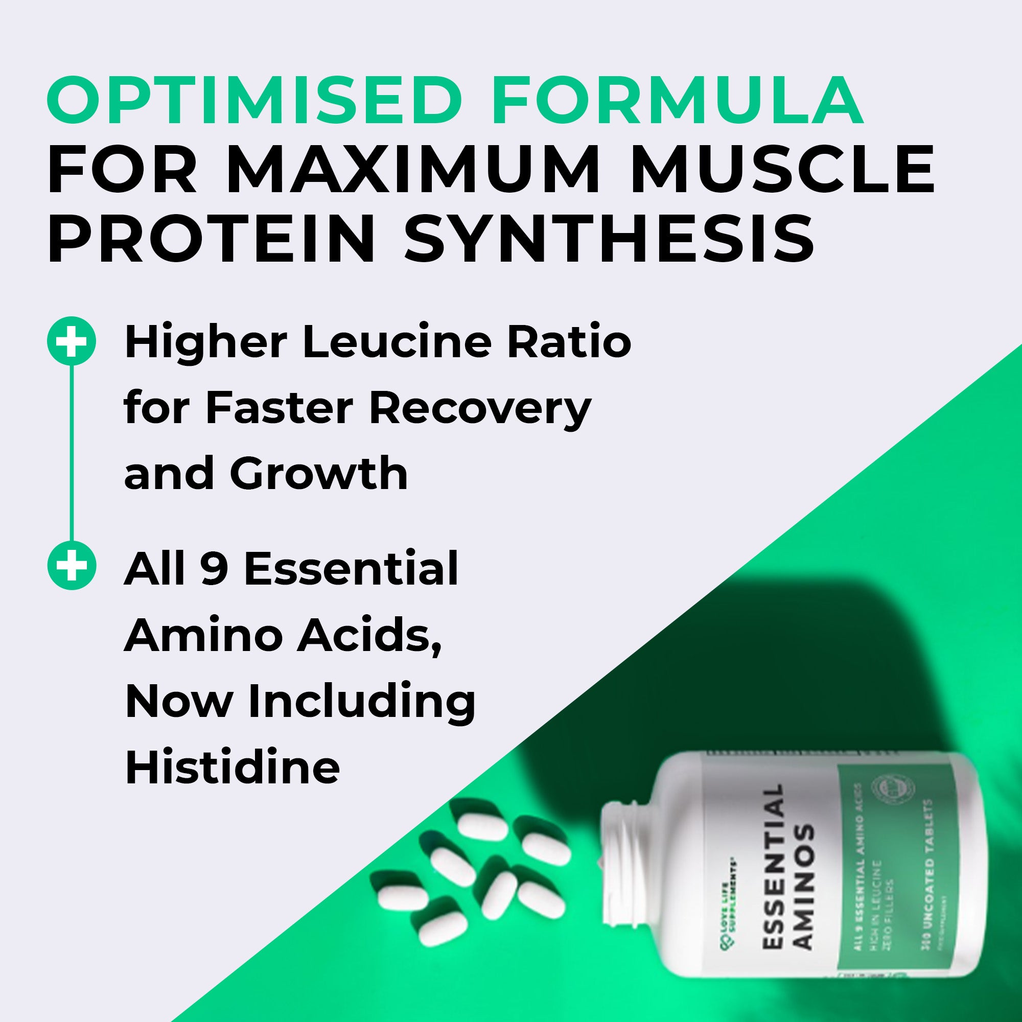 EAA tablets Supplement bottle with text about optimised formula for muscle protein synthesis on a green and white background