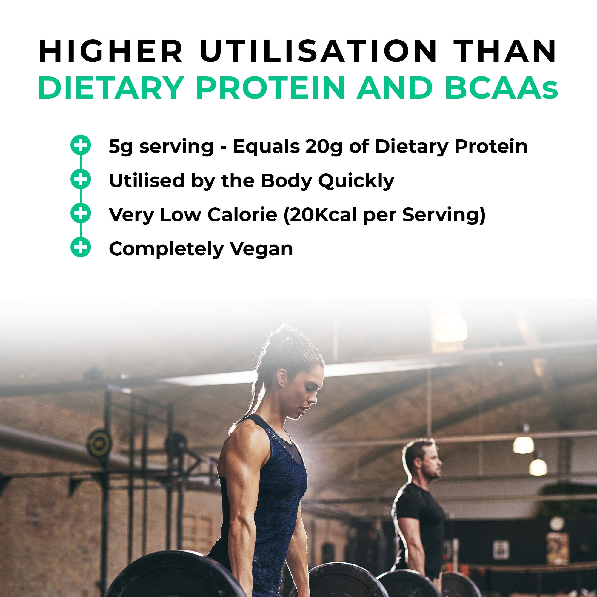 Person lifting weights with text about protein and BCAAs in the background