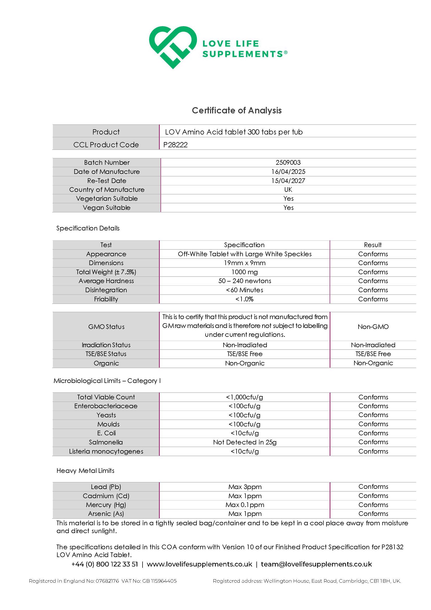 Certificate of Analysis for Love Life Supplements LDV Amino Acid Tablet 300 tabs per tub