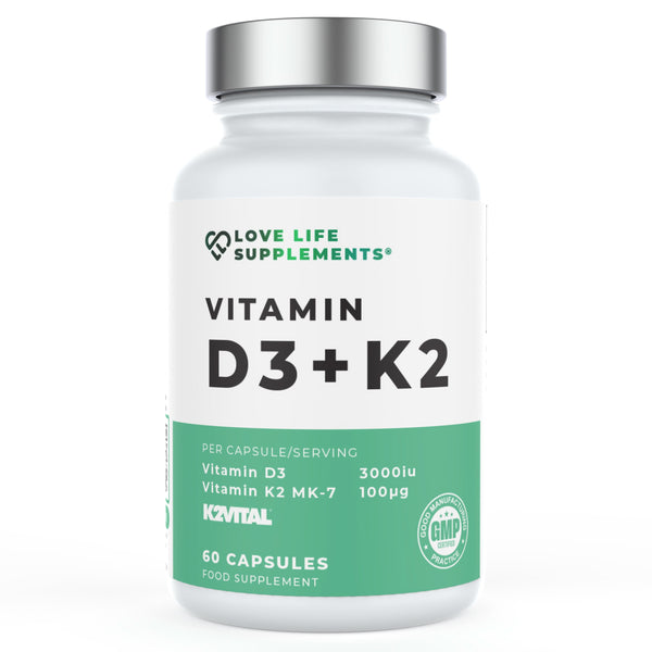 Supplement bottle labeled 'Vitamin D3 + K2' by Love Life Supplements on a white background