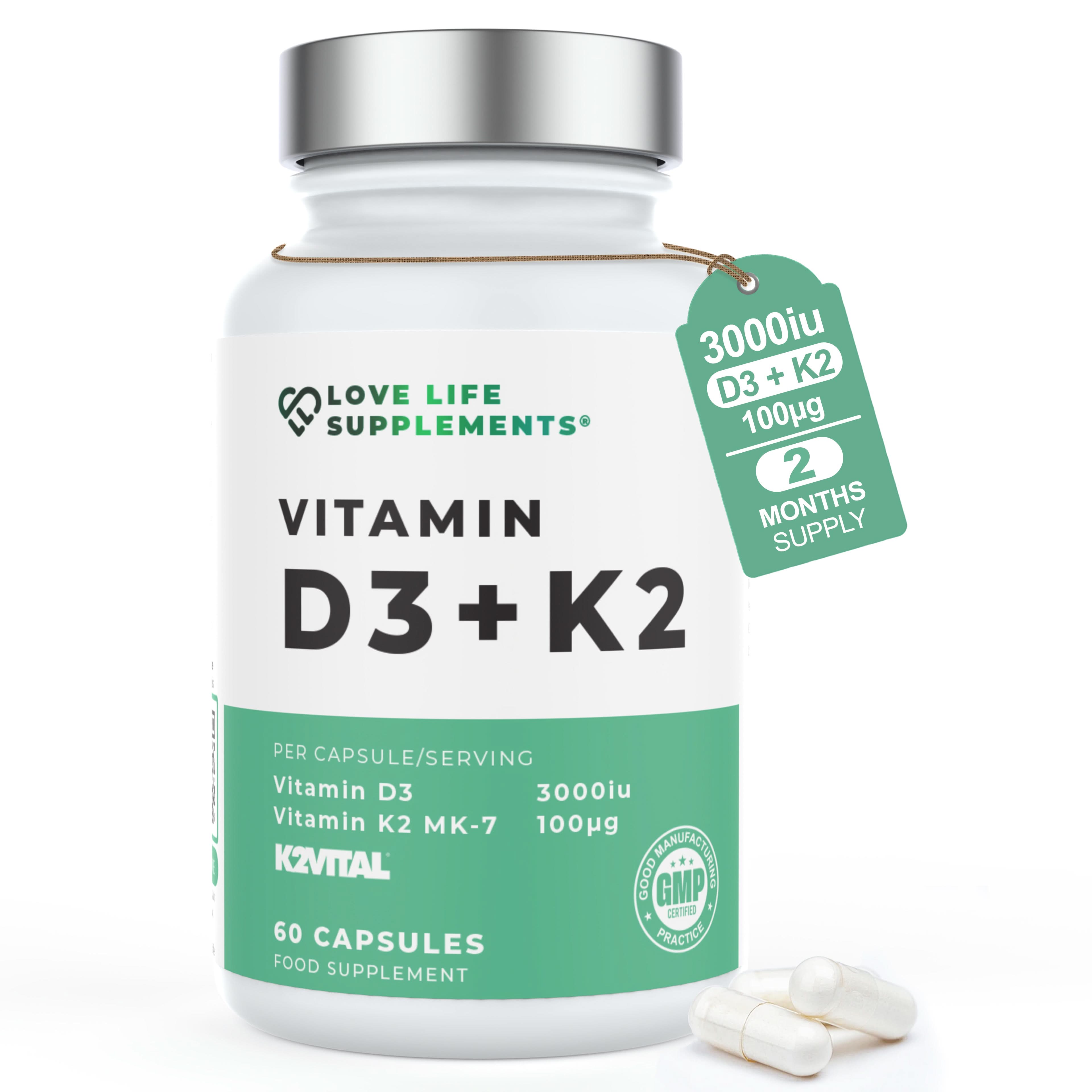 Vitamin D3 + K2 supplement bottle with a tag indicating 3000iu of D3 and K2, on a white background.