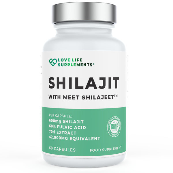 Supplement bottle labeled 'Shilajit' with 'Love Life Supplements' branding on a white background