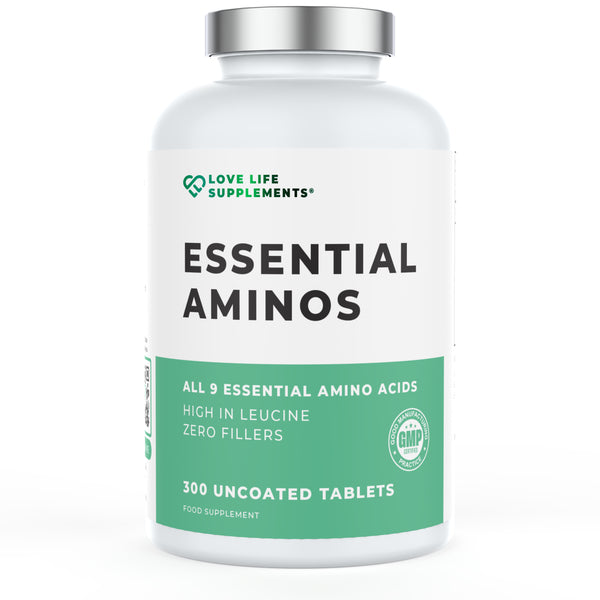Supplement bottle labeled 'Essential Amino Acids' by Love Life Supplements on a white background