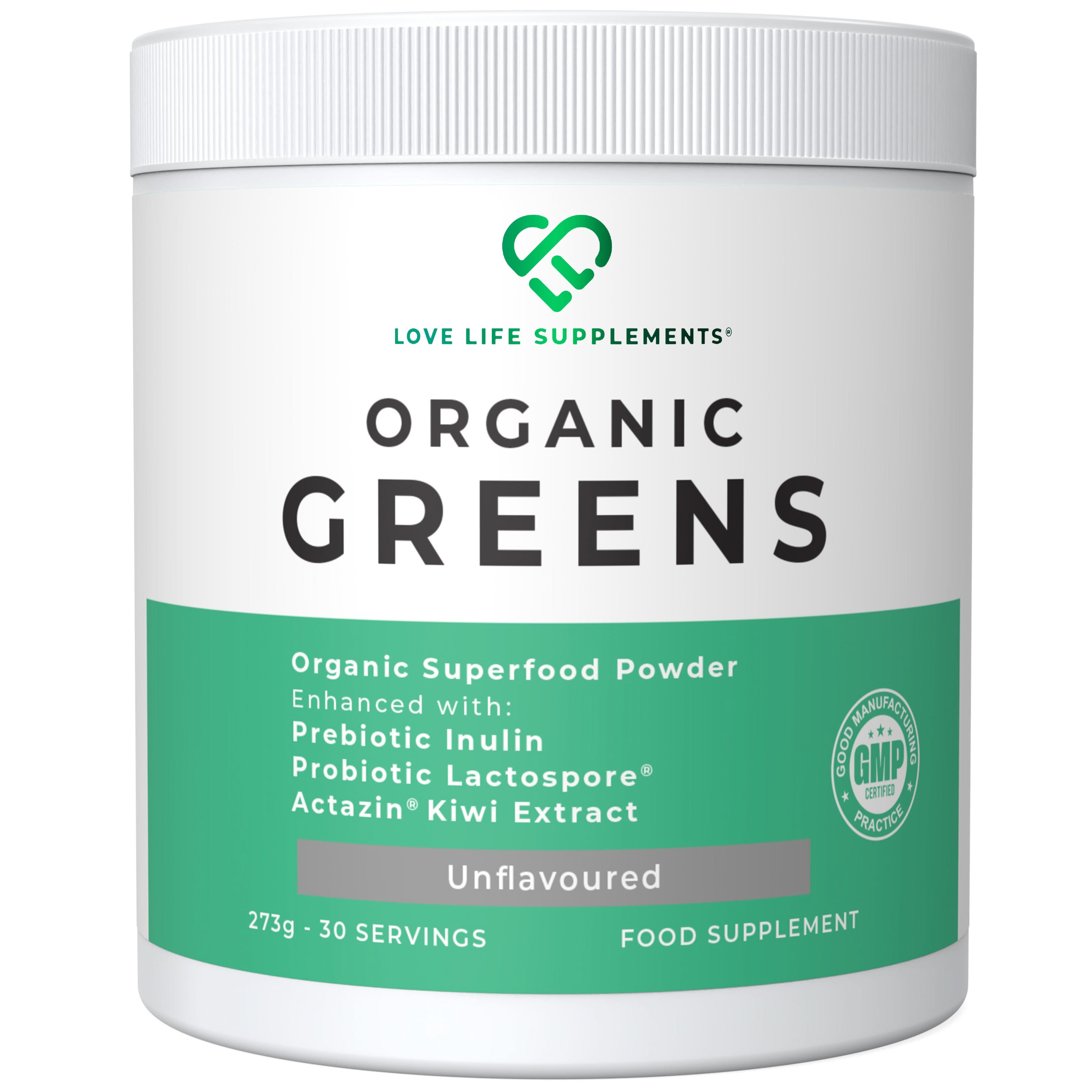 Container of Love Life Supplements Organic Greens powder on a white background