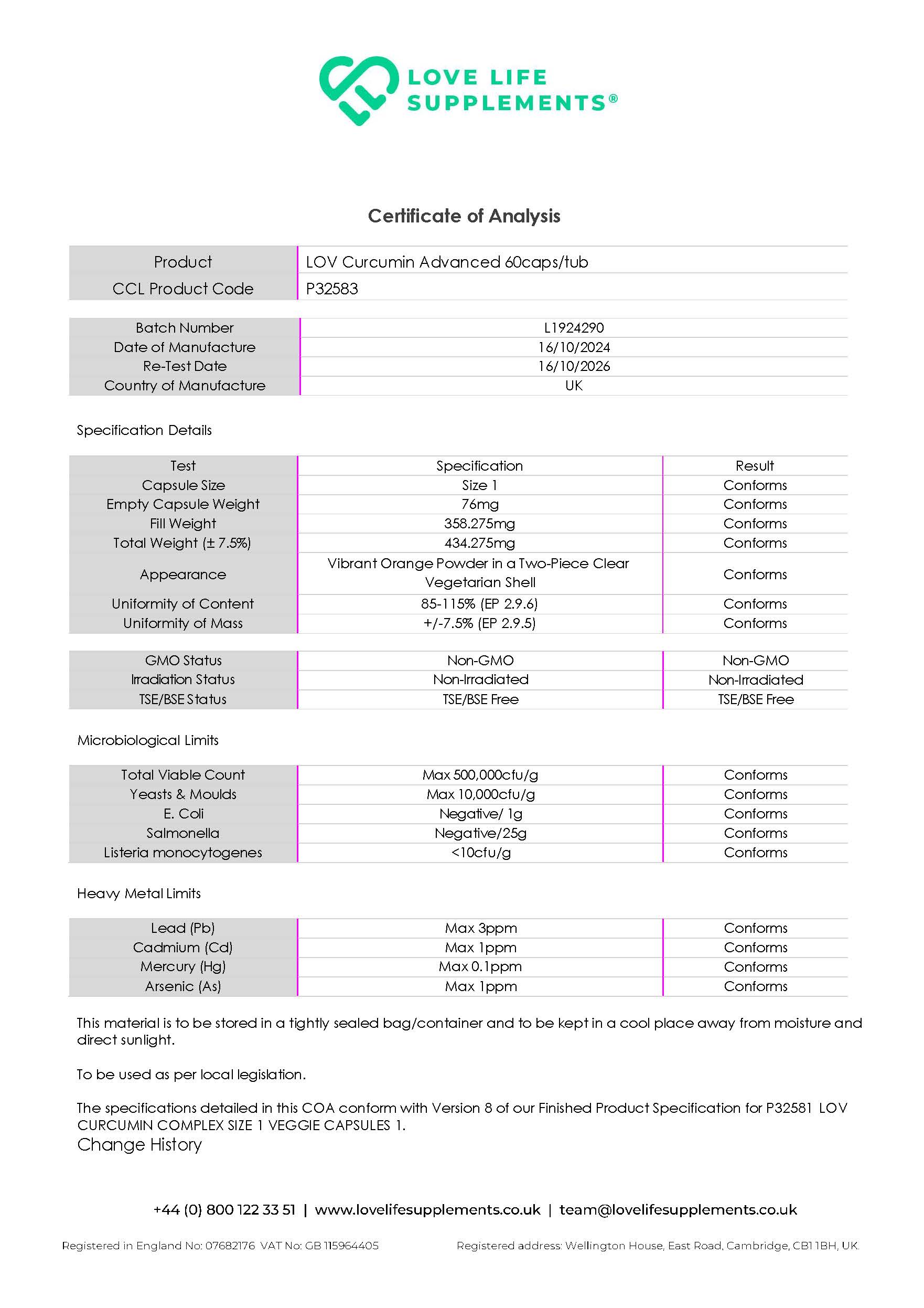 Certificate of Analysis for LOVE LIFE Supplements curcumin Advanced product, showing specifications and results.