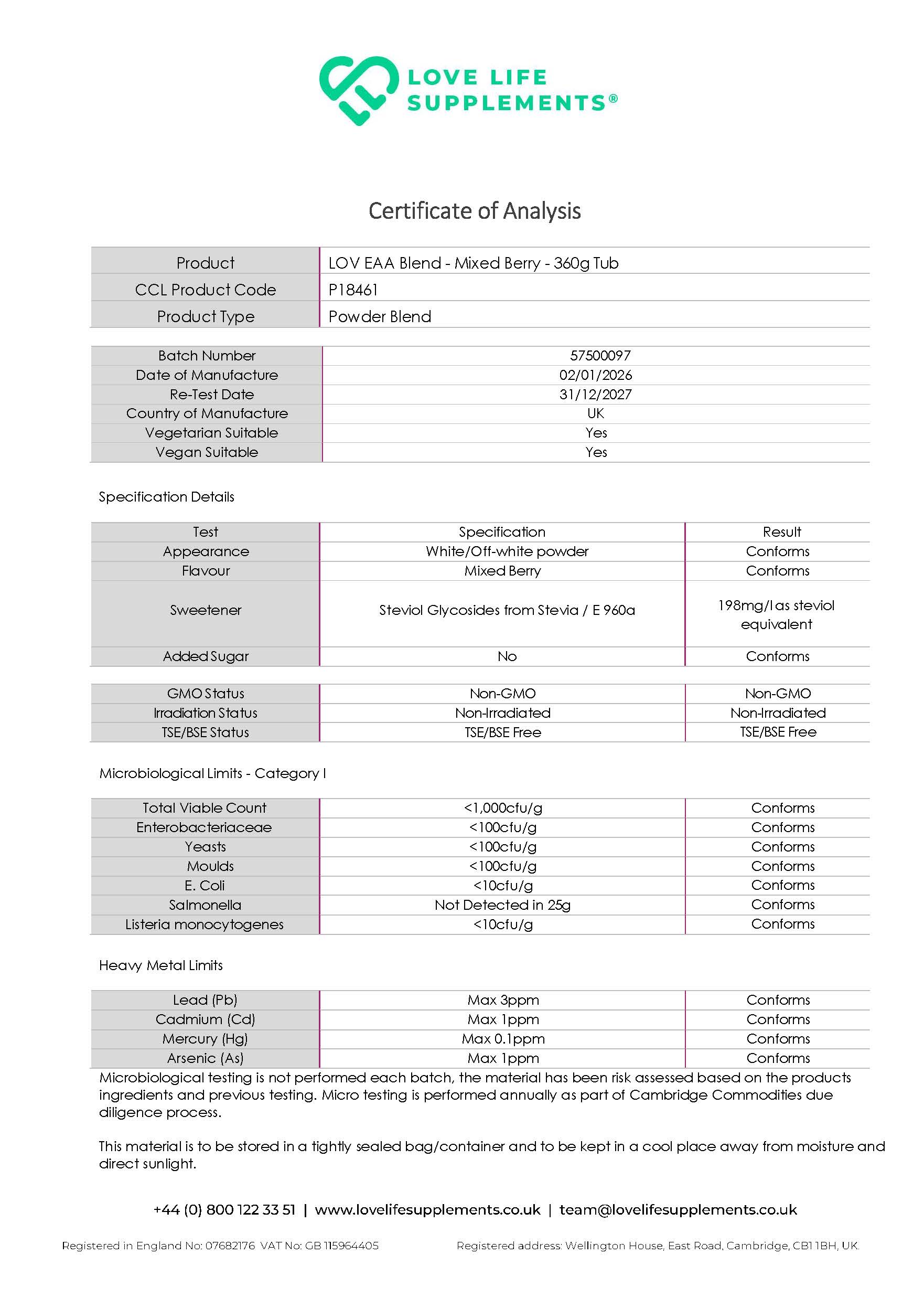 EAA mixed berry Certificate of Analysis for a Love Life Supplements product, showing specifications and results.