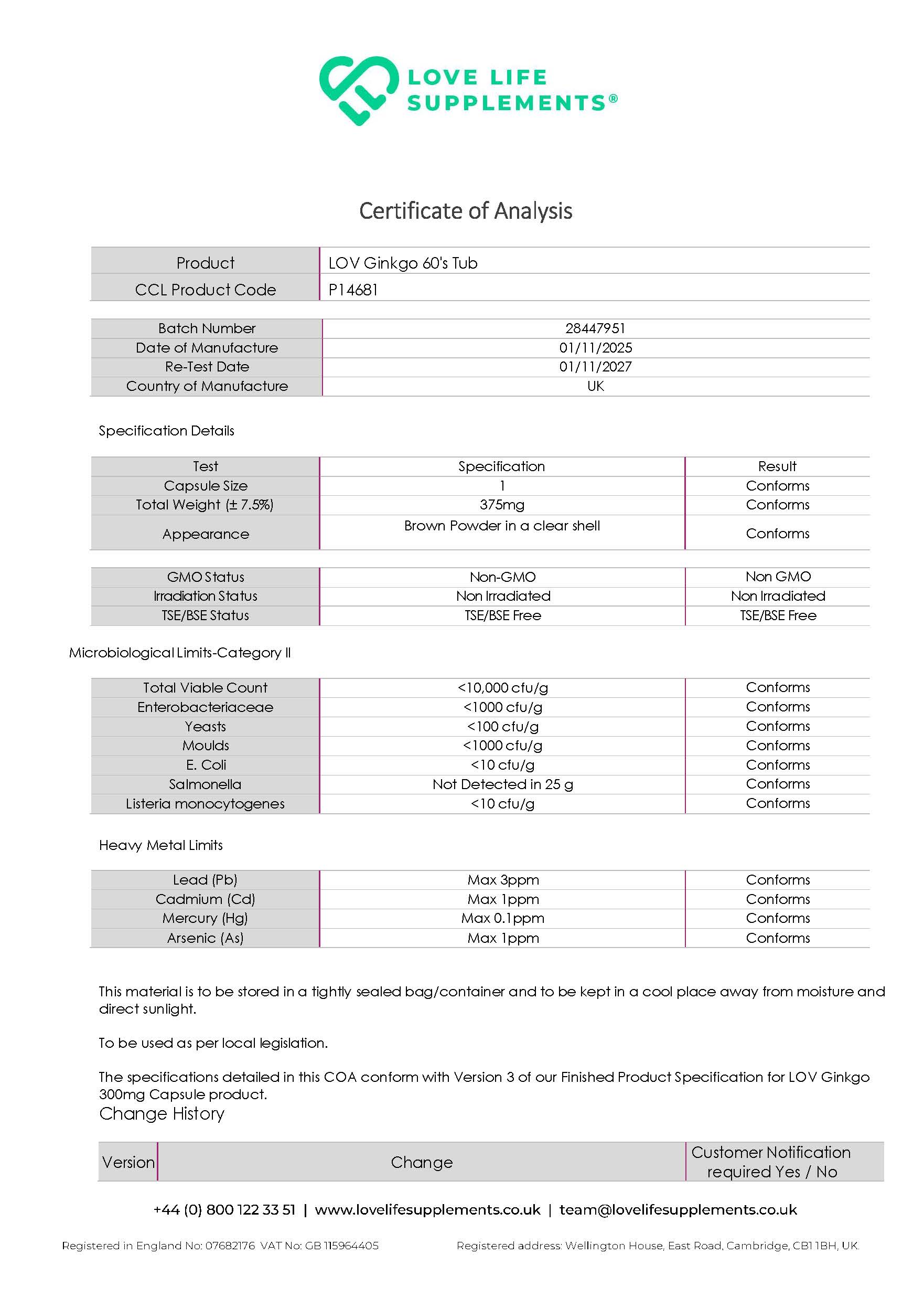 Certificate of Analysis for Love Life Supplements Ginkgo Biloba details and specifications.