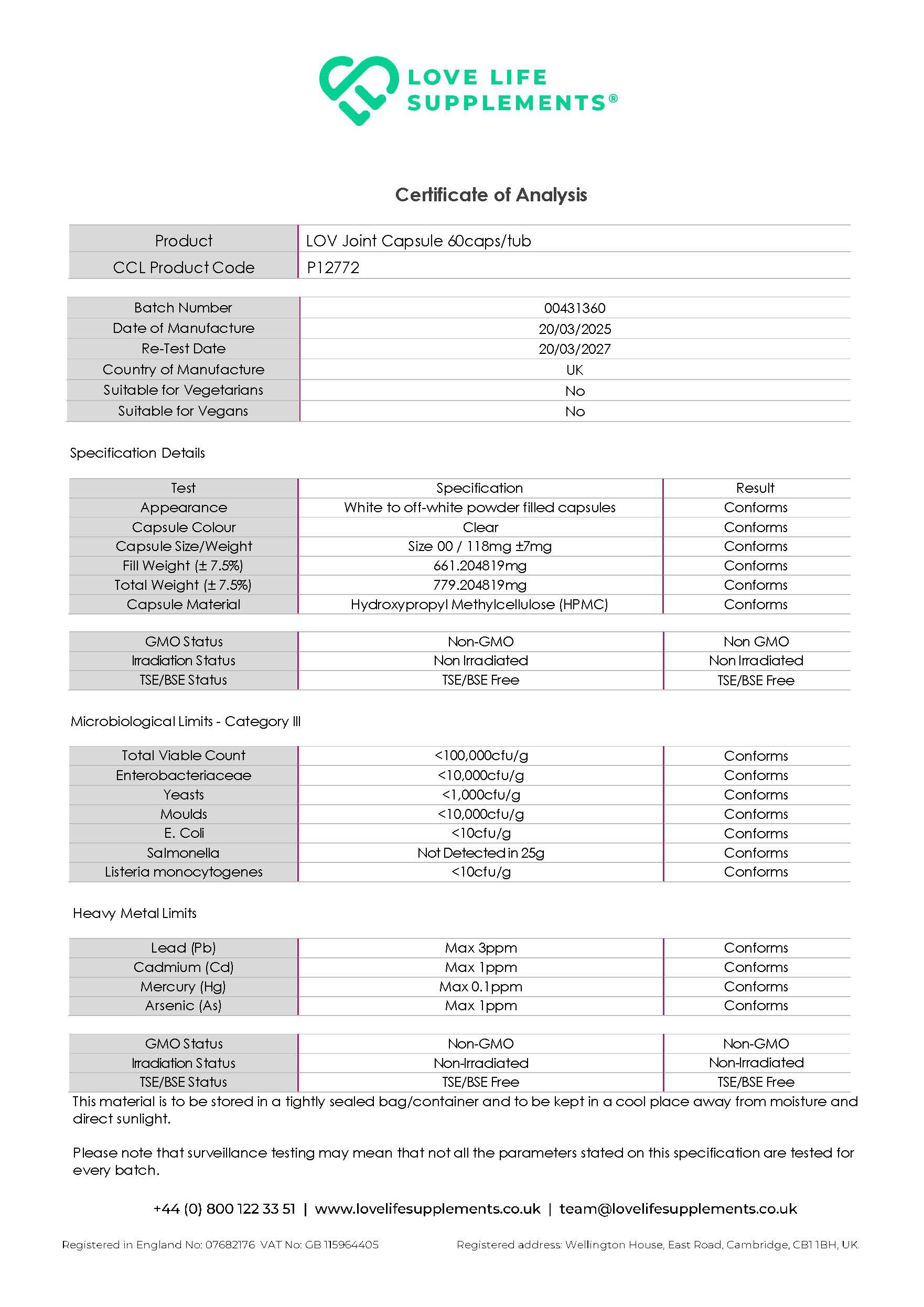 Certificate of Analysis for LOVE LIFE SUPPLEMENTS joint support product with detailed specifications.