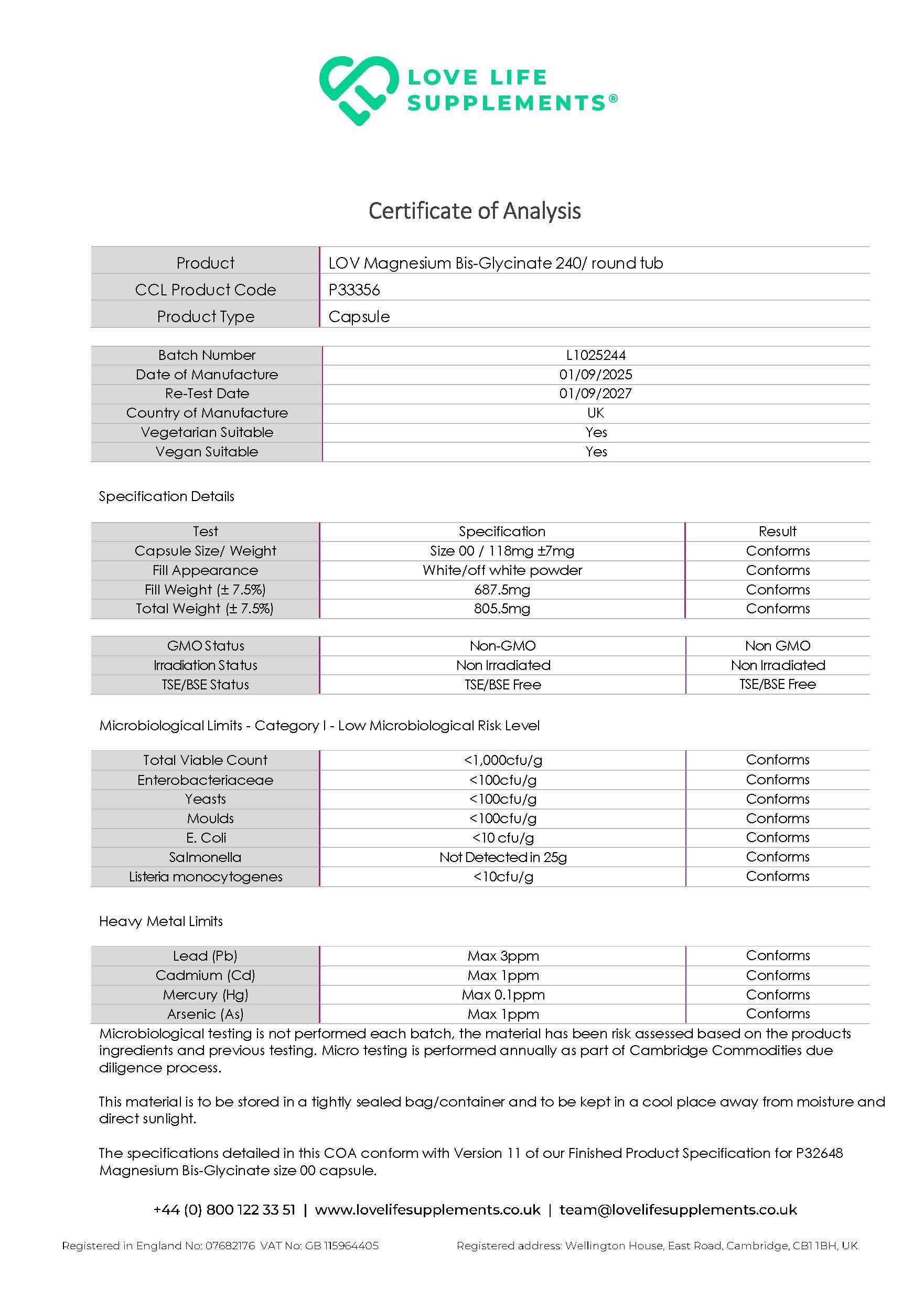 Certificate of Analysis for Love Life Supplements magnesium bis-glycinate supplement