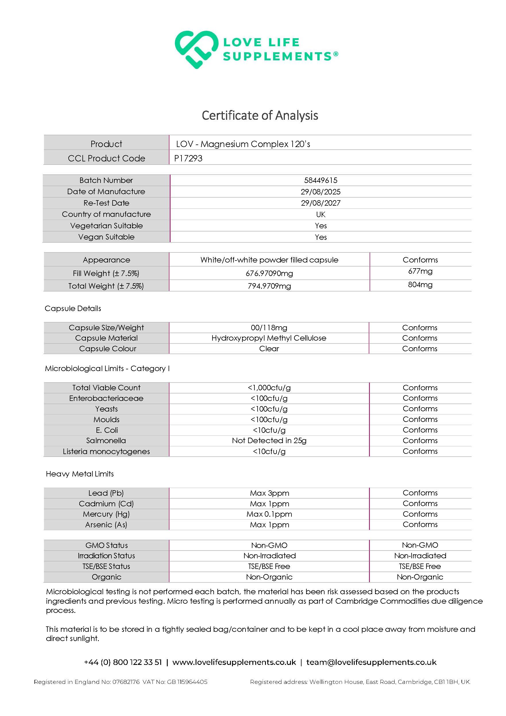 Certificate of Analysis for Love Life Supplements magnesium seven, showing product details and analysis results.