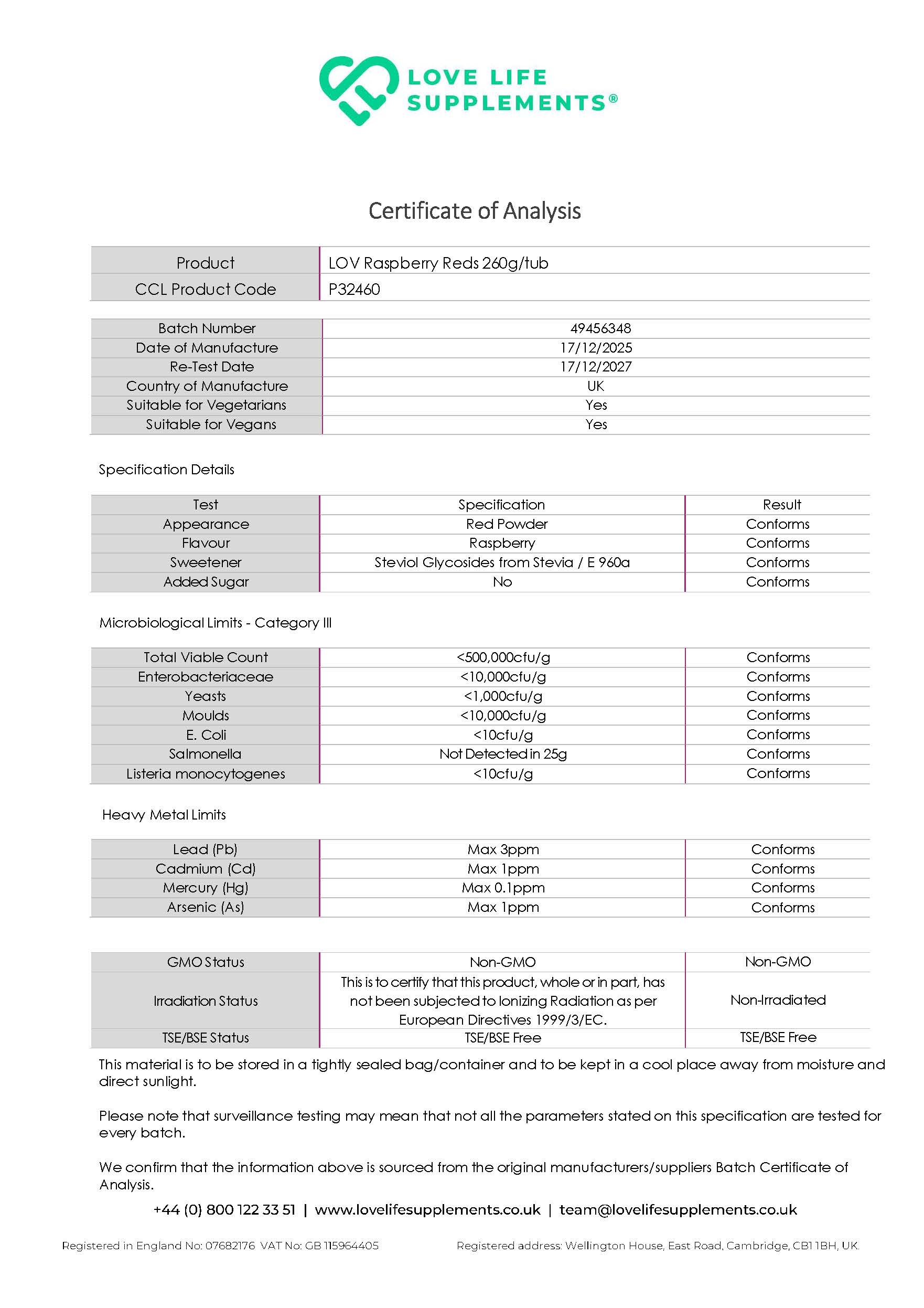 Certificate of Analysis for Love Life Supplements product, showing test results and specifications.