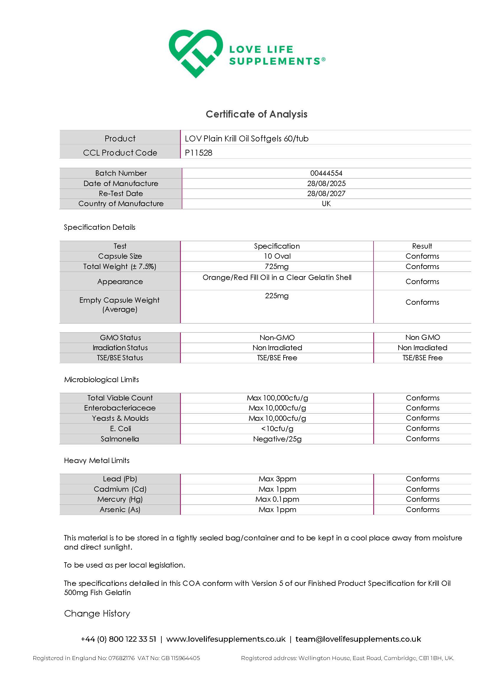 Certificate of Analysis for Love Life Supplements product krill oil