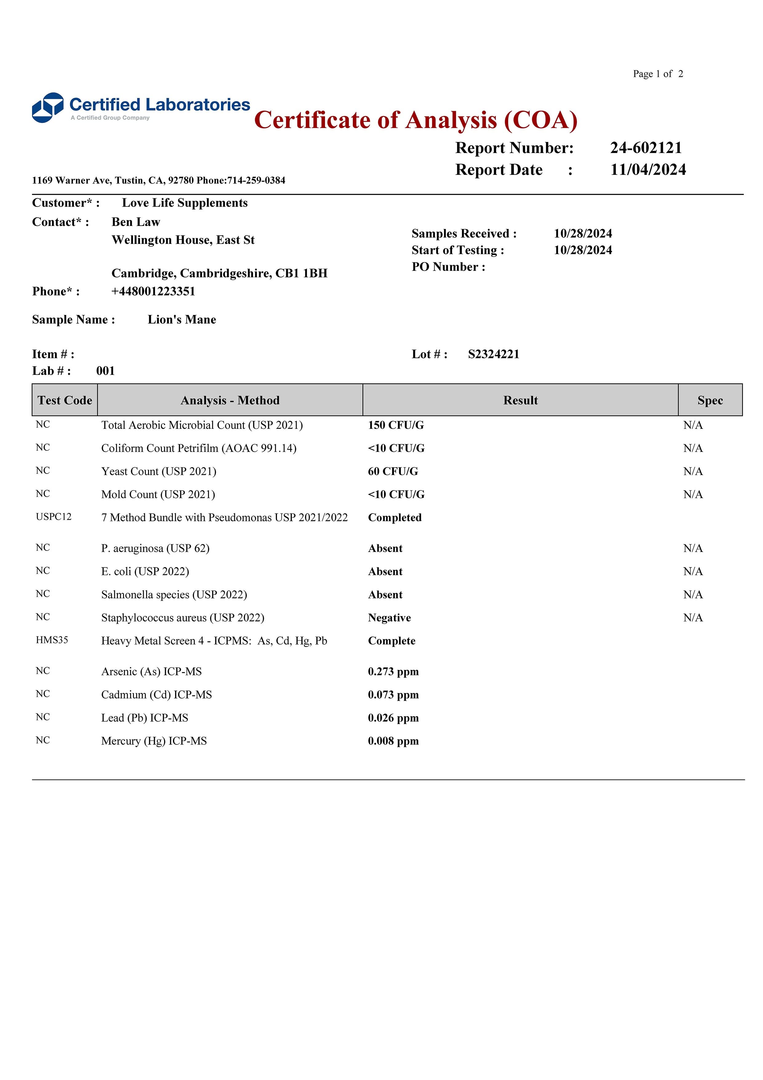 Lions mane Certificate of Analysis (COA) from Certified Laboratories with test results.