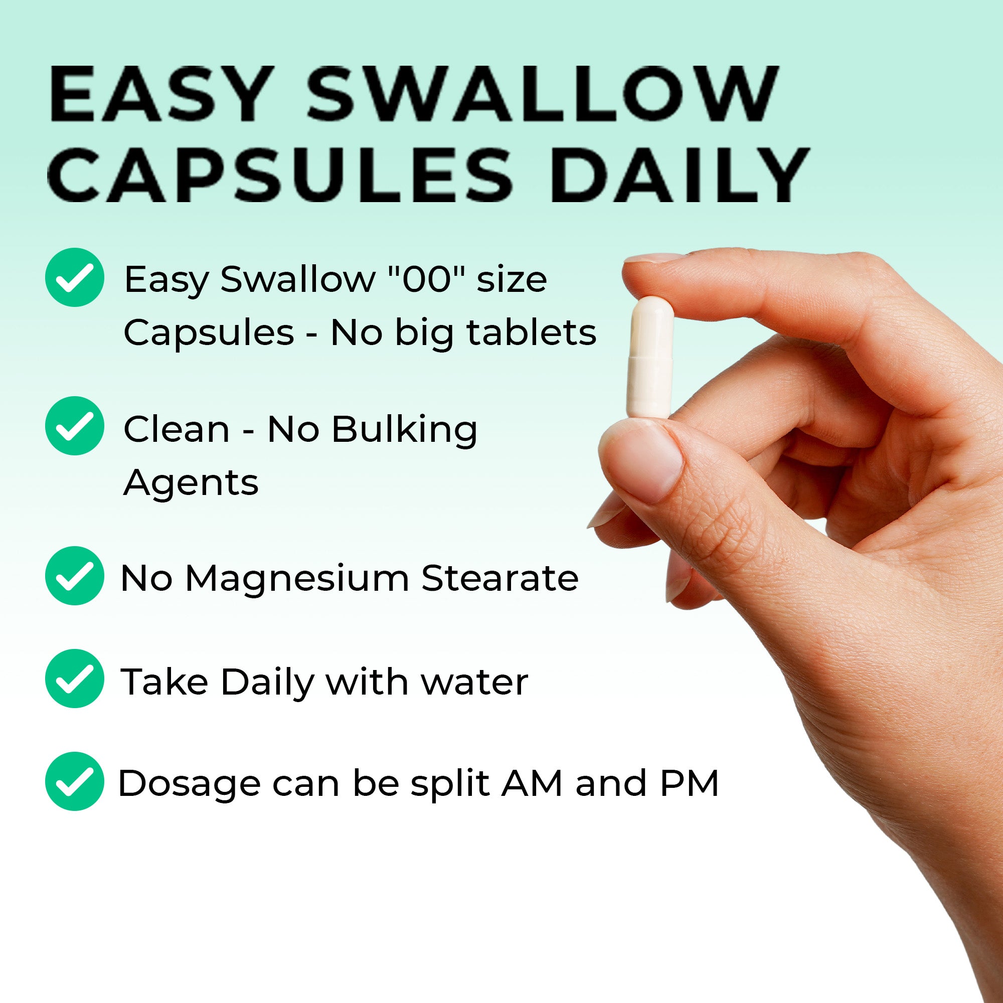 magnesium glycinate Hand holding an easy swallow capsule with product features listed on a light green background