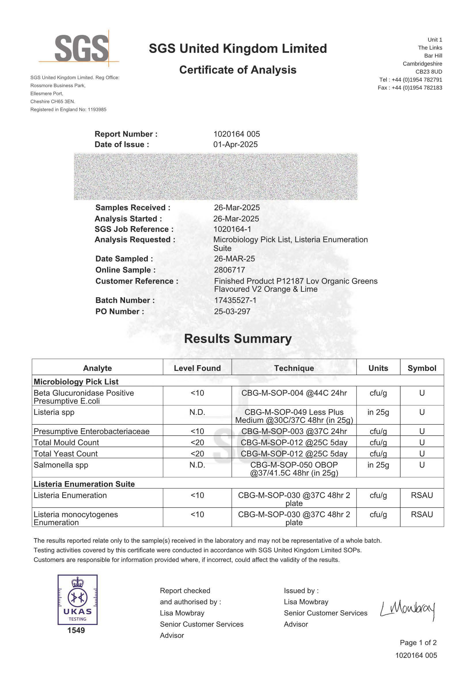 SGS Certificate of Analysis Organic Greens orange and lime with detailed results summary on a white background