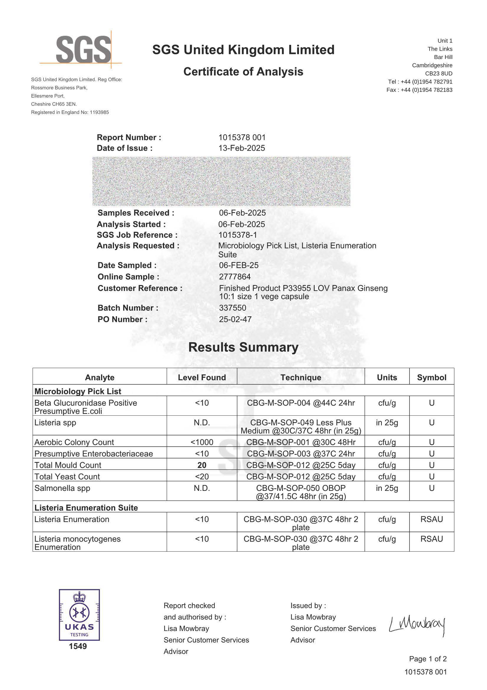 SGS Certificate of Analysis panax ginseng with results summary and SGS logo.