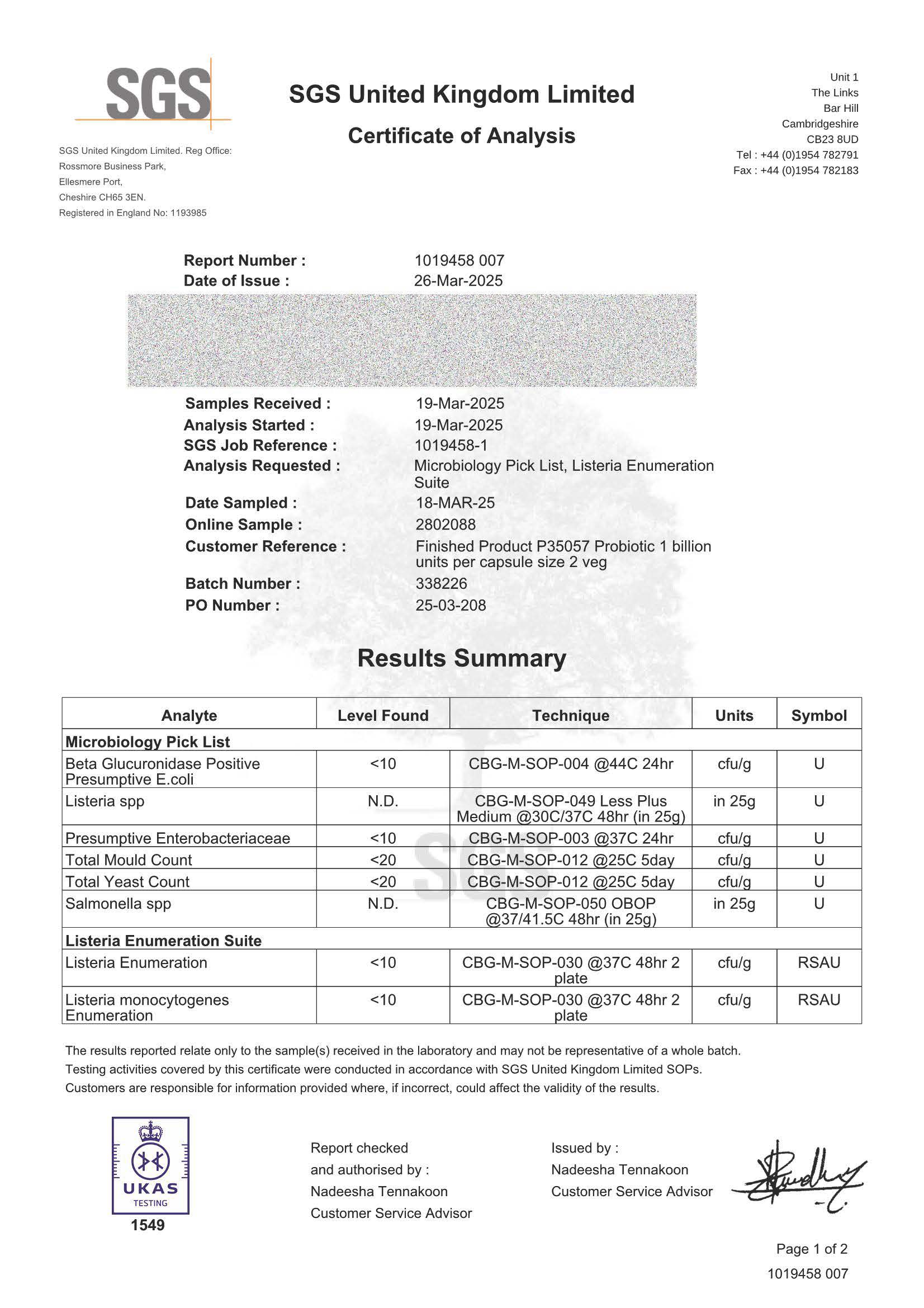 SGS Certificate of Analysis multispore with results summary and SGS logo.