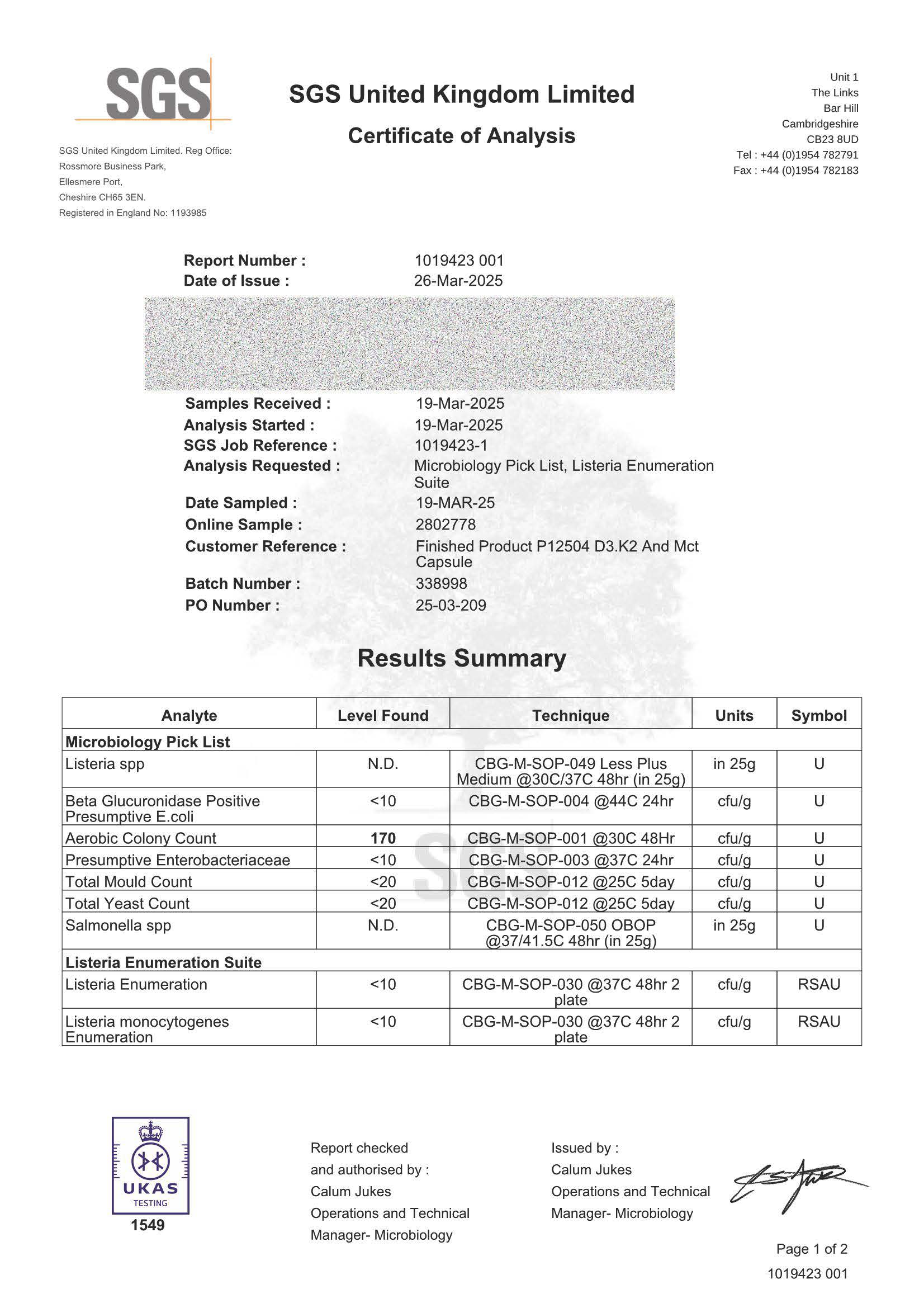 SGS Certificate of Analysis vitamin D3 K2 with results summary and SGS logo.