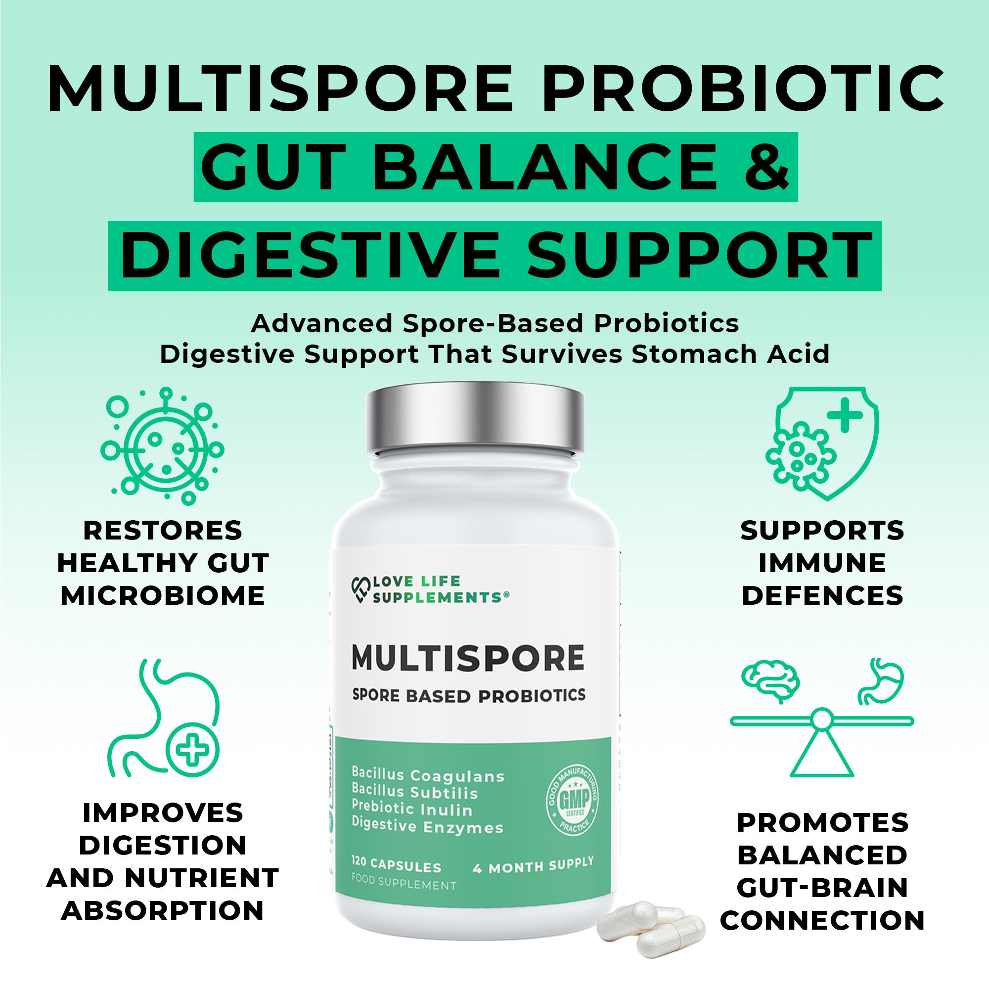Multispore probiotic supplement bottle with text highlighting benefits on a light green background