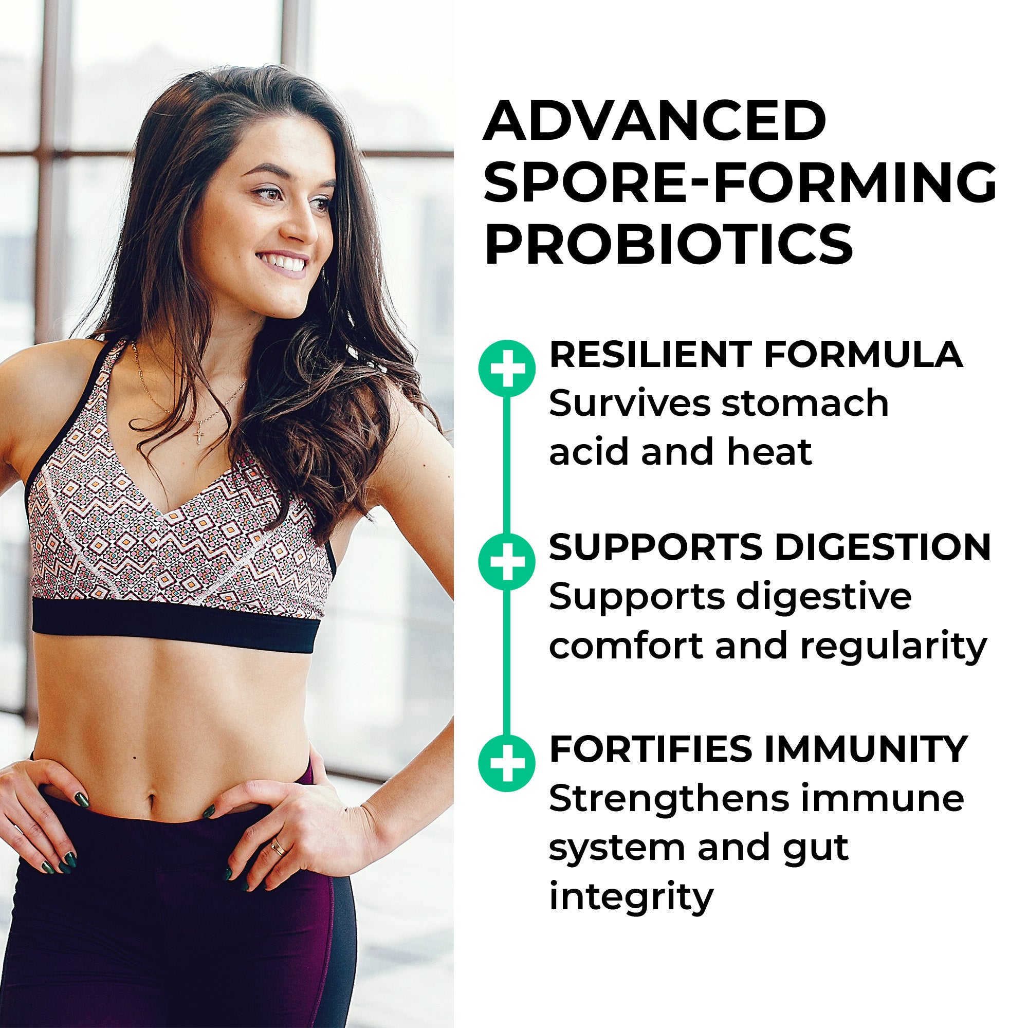 Woman in athletic wear with text about advanced spore-forming probiotics