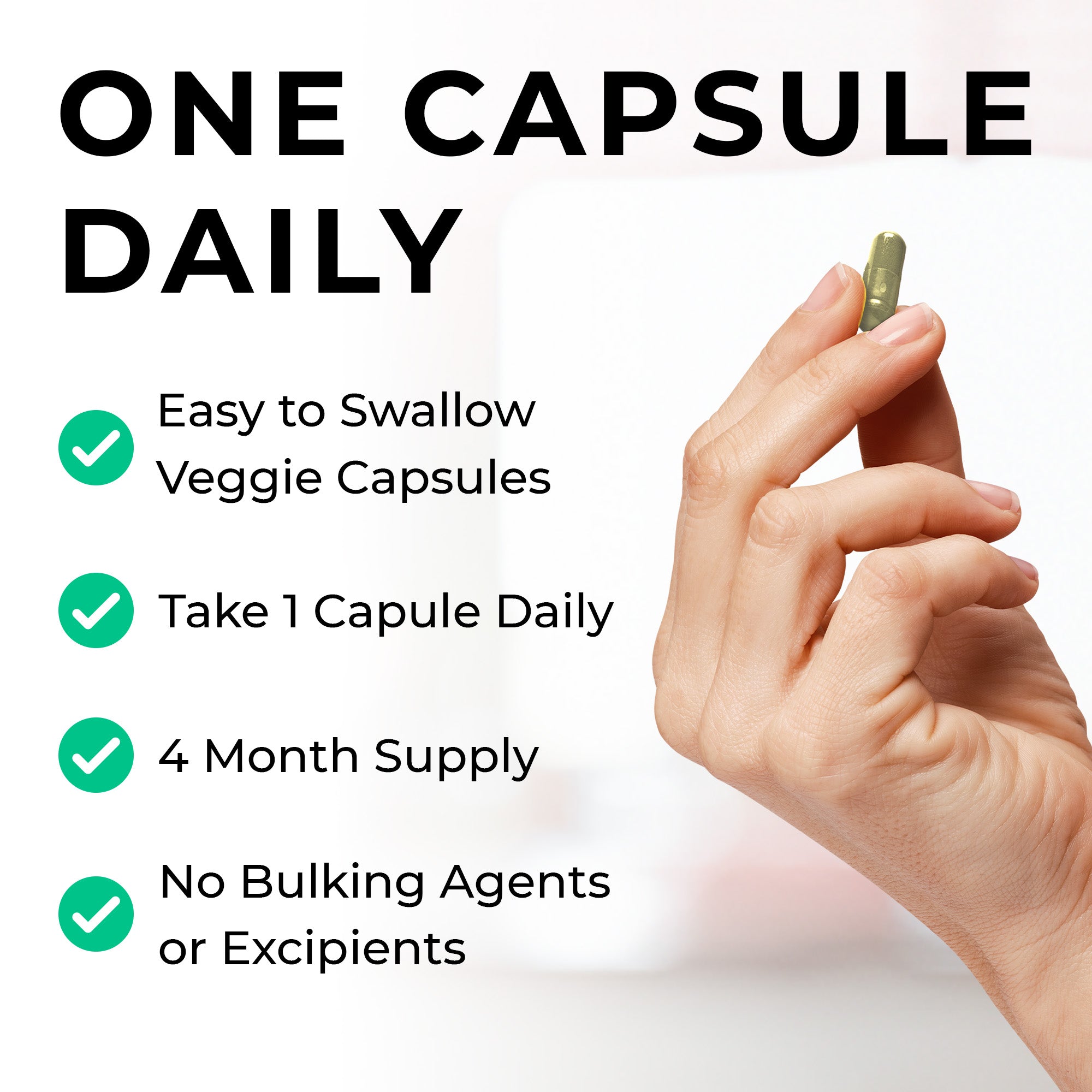 MultiSpore probiotics Hand holding a capsule with product features listed on a white background