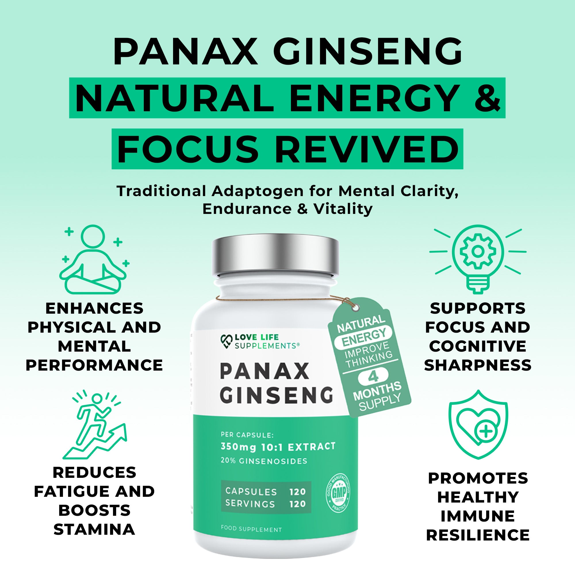 Panax Ginseng supplement bottle with benefits listed on a light green background