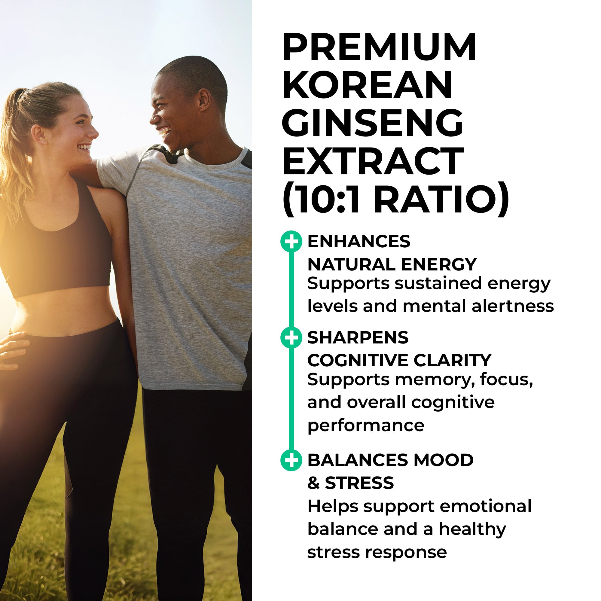 Two people standing outdoors with text about premium Korean ginseng extract benefits.