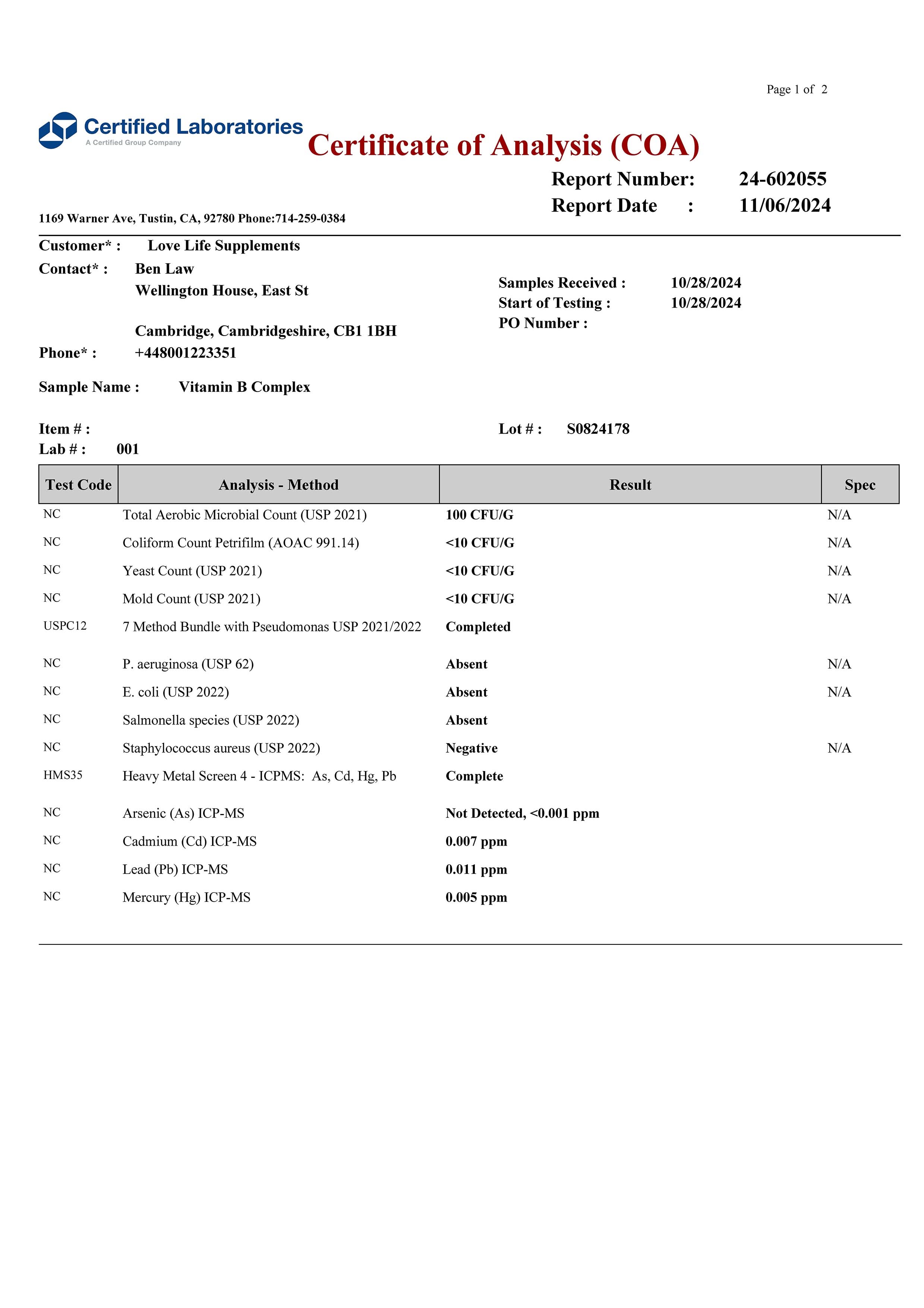 Certificate of Analysis (COA) for Vitamin B Complex from Certified Laboratories