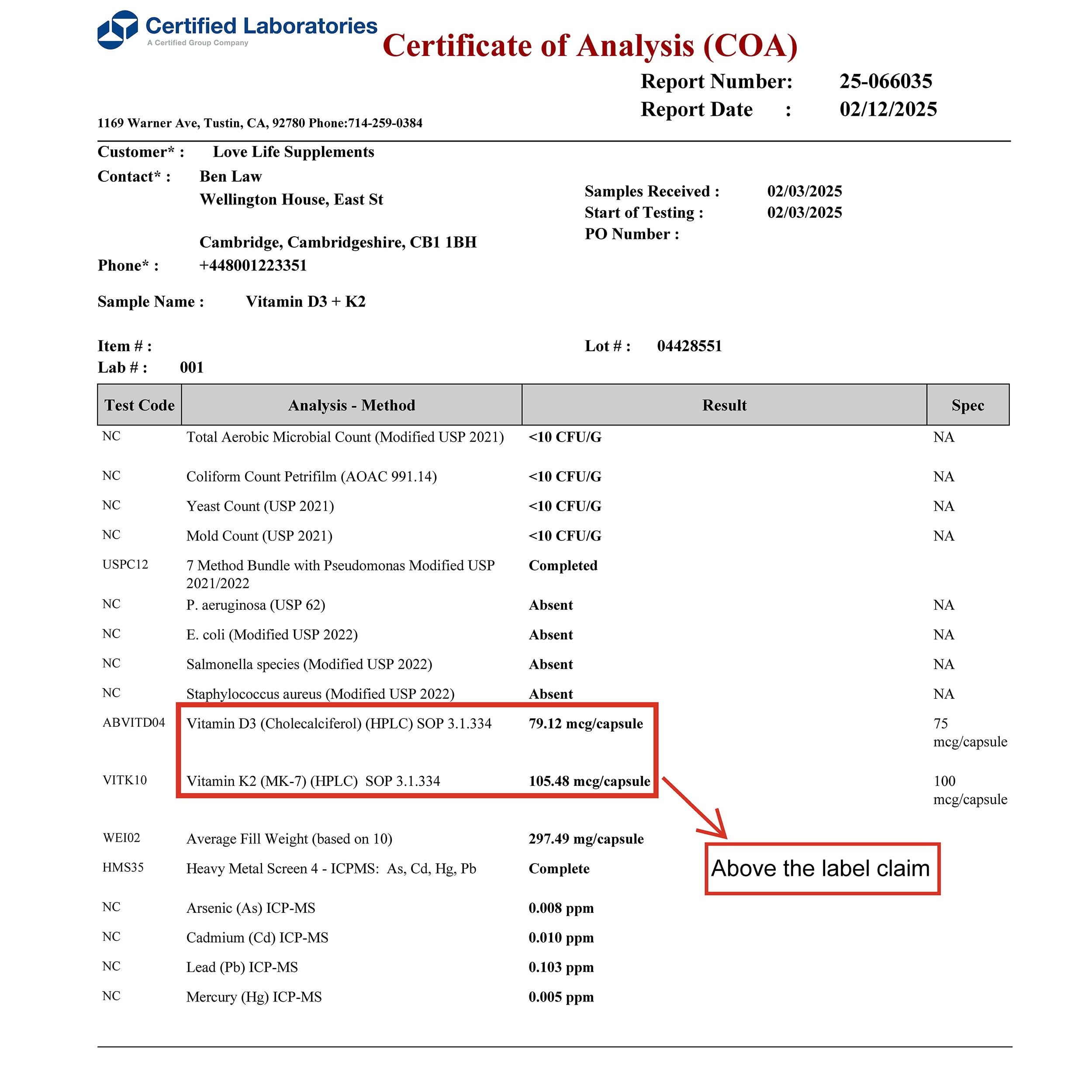 Certificate of Analysis (COA) for Vitamin D3 and K2 supplement with highlighted results.