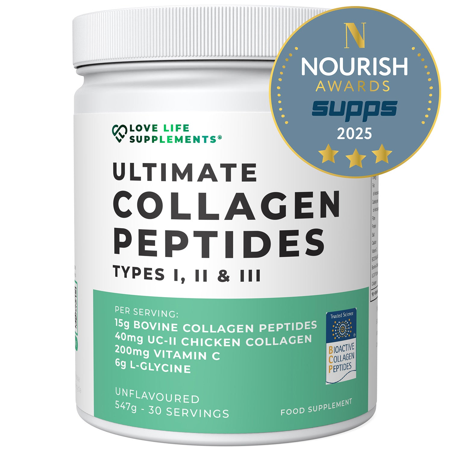 Collagen peptides supplement container with &