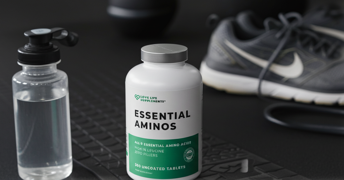 Essential amino acids on gym floor with water bottle
