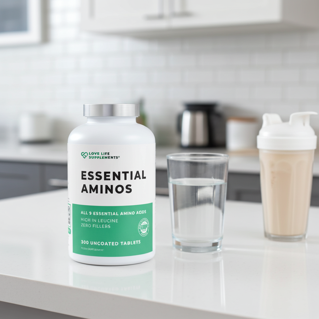 Essential Amino Acids on kitchen top with protein shaker