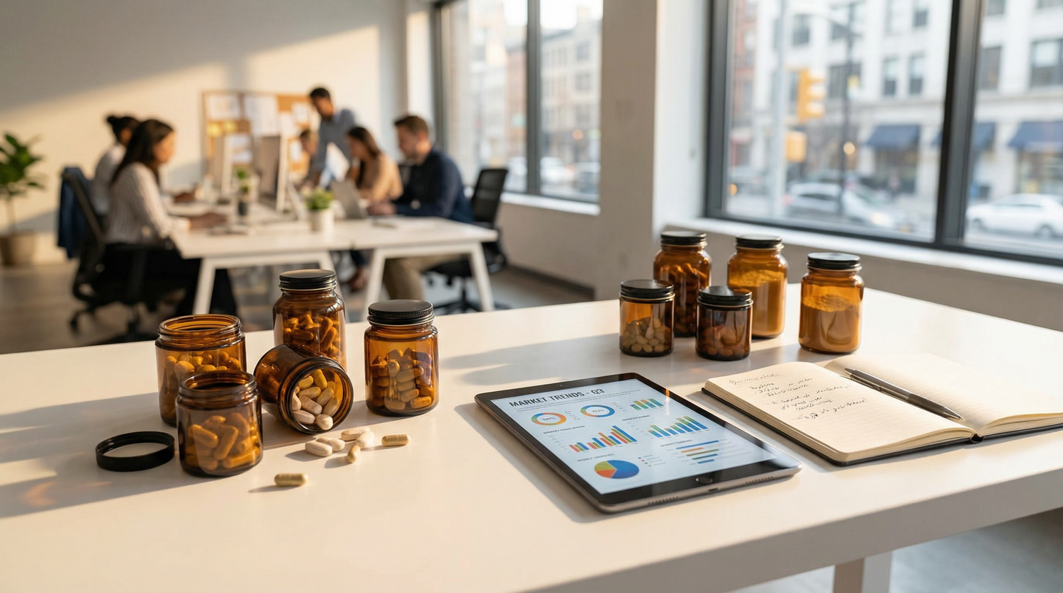 Supplement Industry Daily Briefing April 03 2026 - editorial workspace with supplement bottles and market data